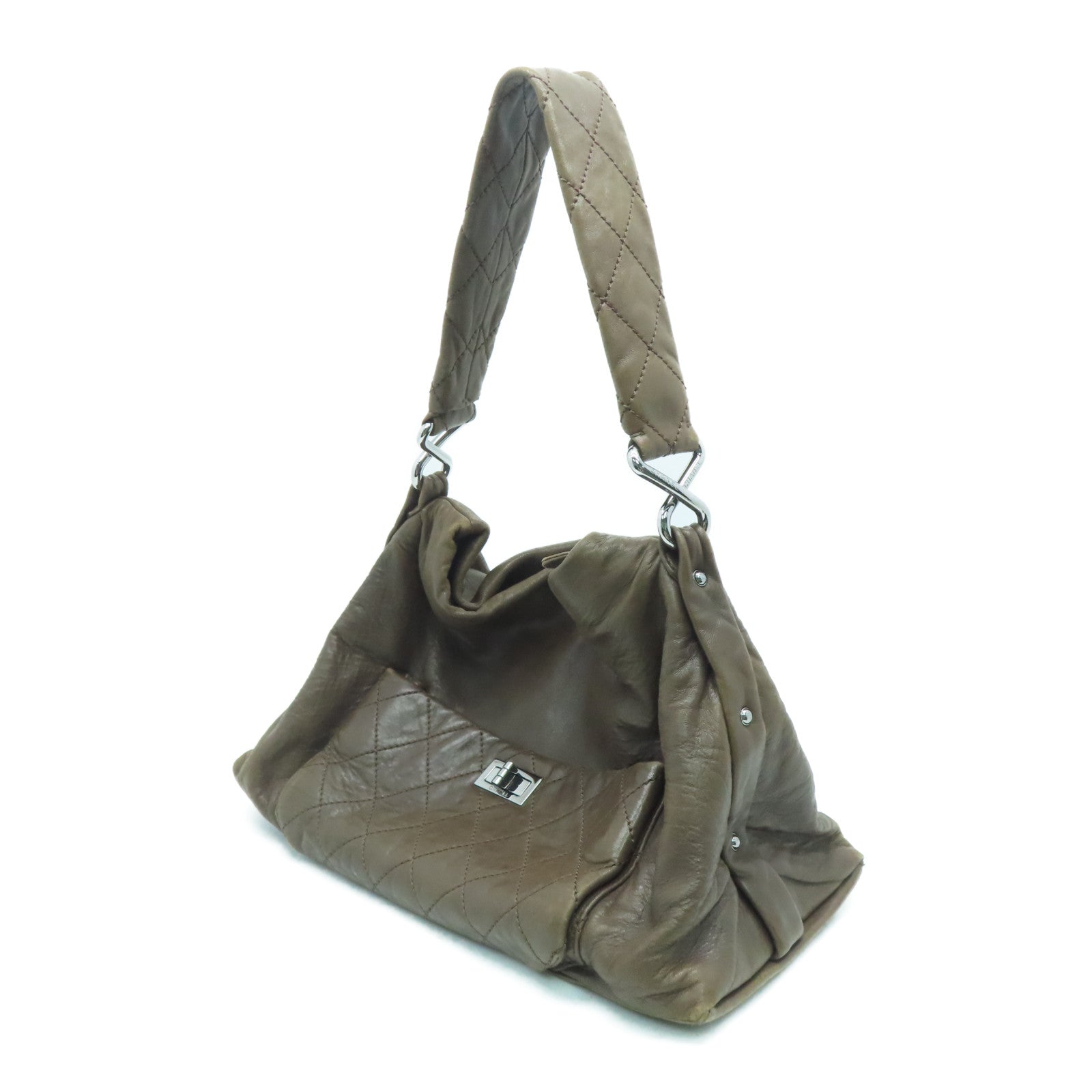 CHANEL 【激减优惠】菱格牛皮皮革Shoulder Bag银扣肩背袋啡色
