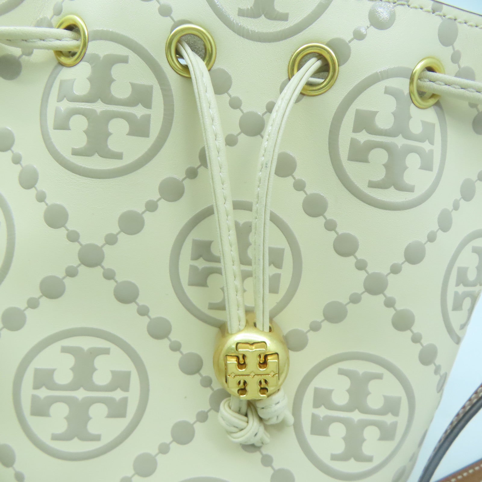 Tory Burch 牛皮皮革T Monogram Embossed Mini Bucket Bag金扣手挽肩背兩用袋米色/灰色