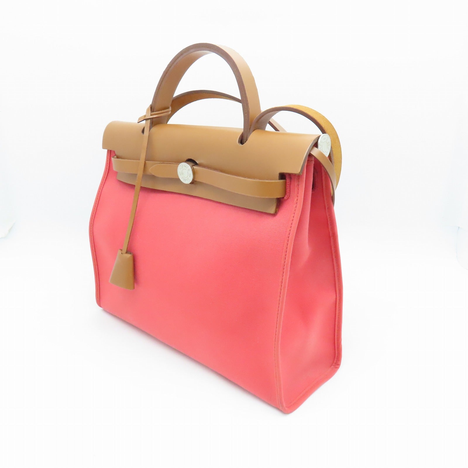 HERMES 帆布Herbag PM銀扣手挽肩背兩用袋粉紅色
