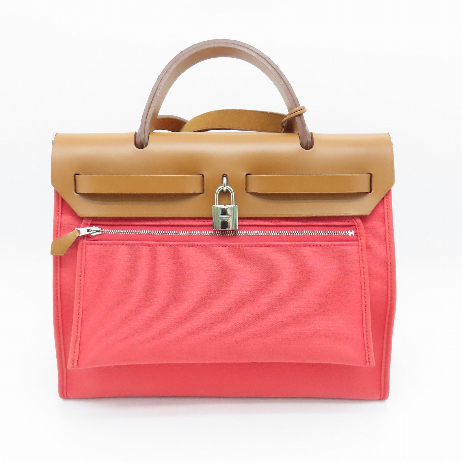 HERMES 帆布Herbag PM銀扣手挽肩背兩用袋粉紅色