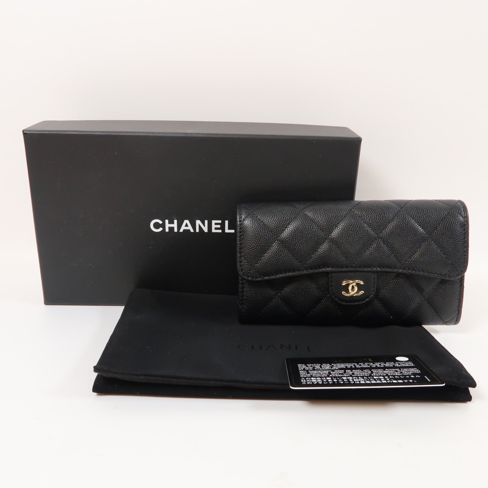 CHANEL 菱格Caviar皮革Long Wallet金扣長錢包黑色