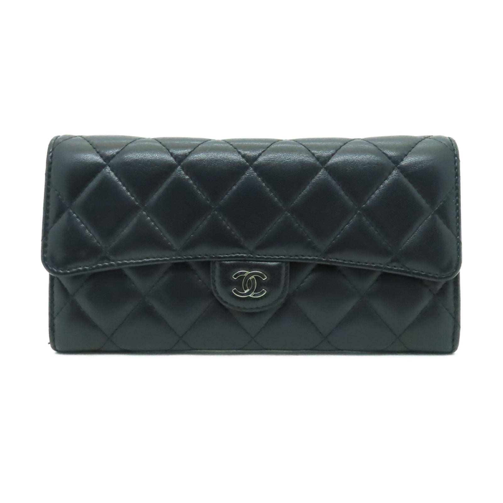 CHANEL 菱格羊皮皮革Long Wallet銀扣長錢包黑色