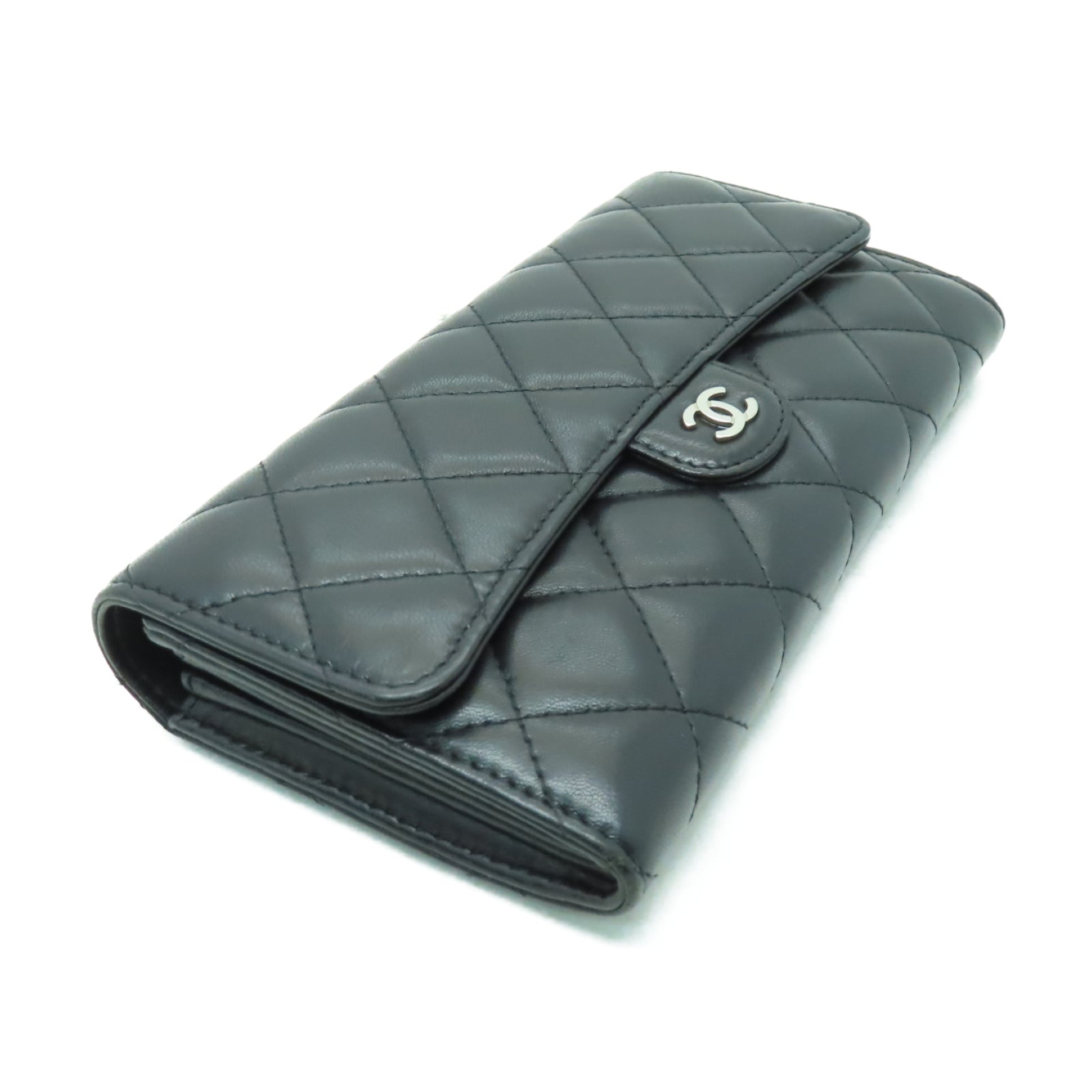 CHANEL 菱格羊皮皮革Long Wallet銀扣長錢包黑色