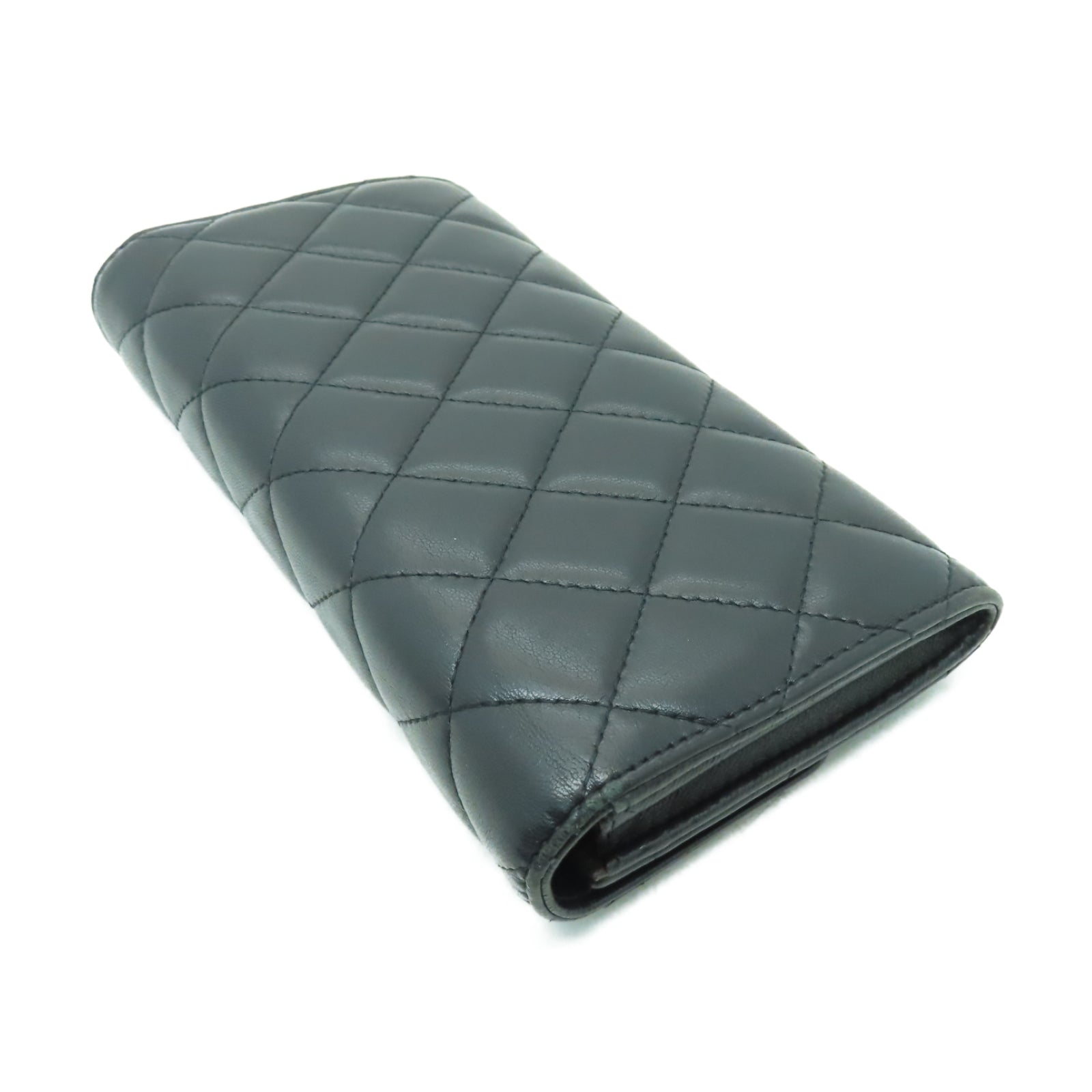 CHANEL 菱格羊皮皮革Long Wallet銀扣長錢包黑色