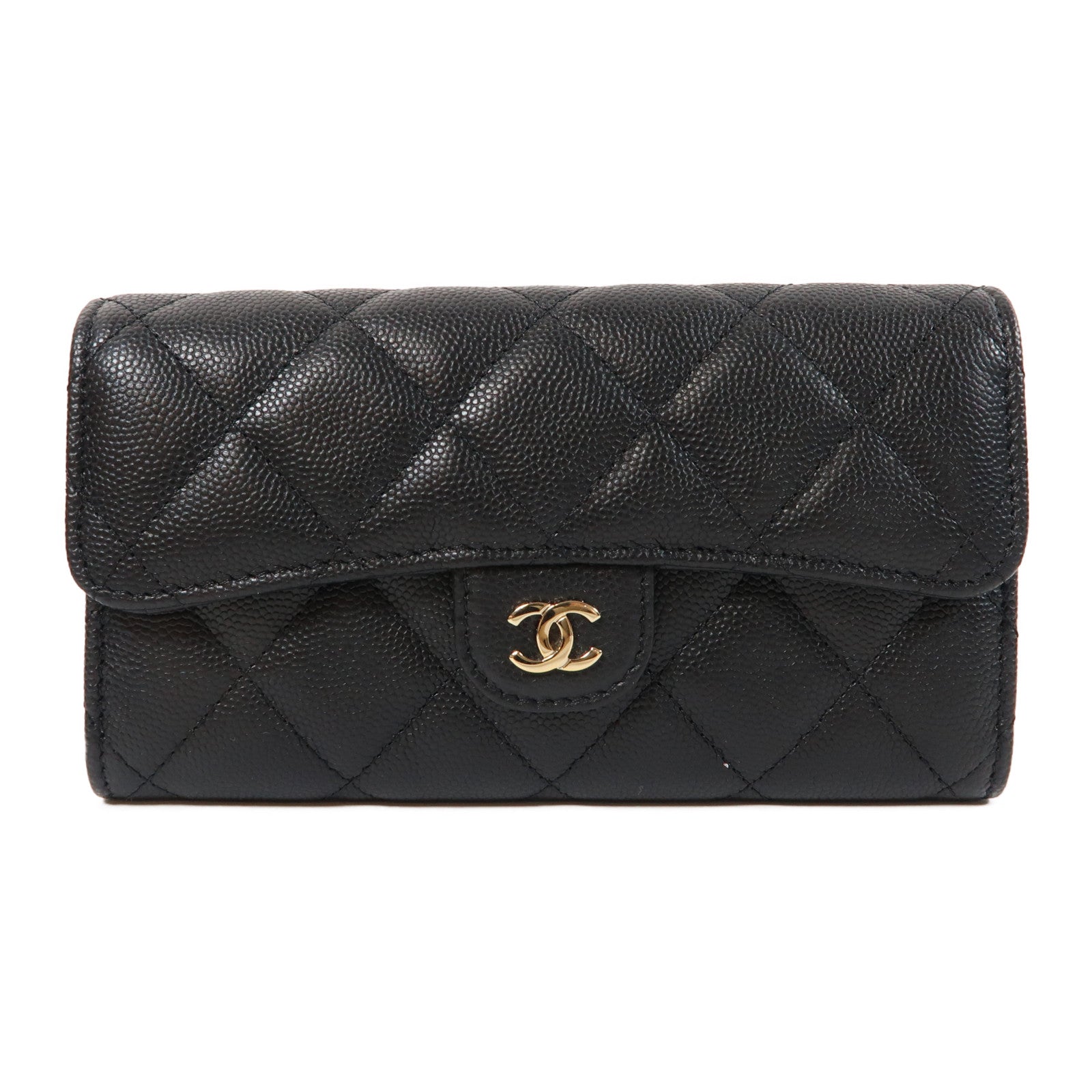 CHANEL 菱格Caviar皮革Long Wallet金扣長錢包黑色