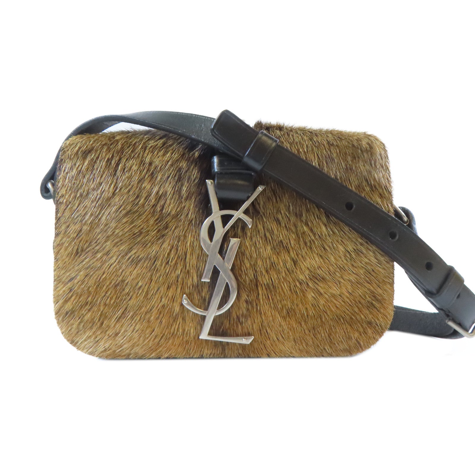 SAINT LAURENT 皮革/馬毛Shoulder Bag銀扣肩背袋黑色/啡色