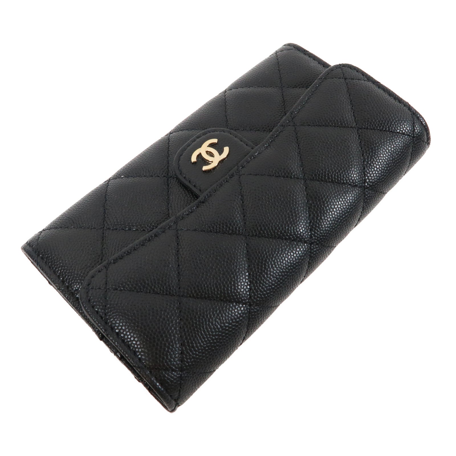 CHANEL 菱格Caviar皮革Long Wallet金扣長錢包黑色