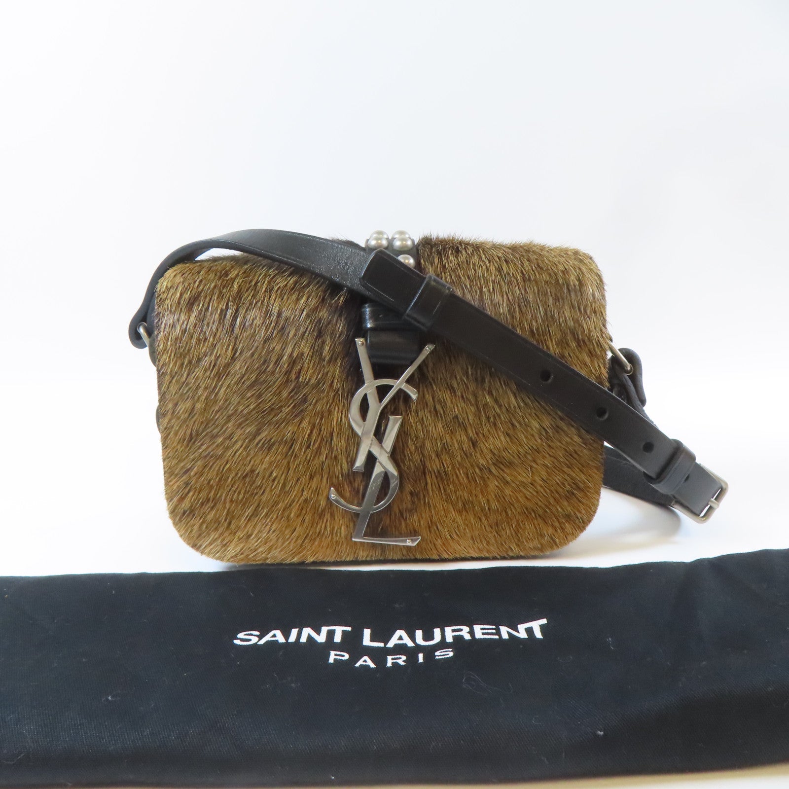 SAINT LAURENT 皮革/馬毛Shoulder Bag銀扣肩背袋黑色/啡色