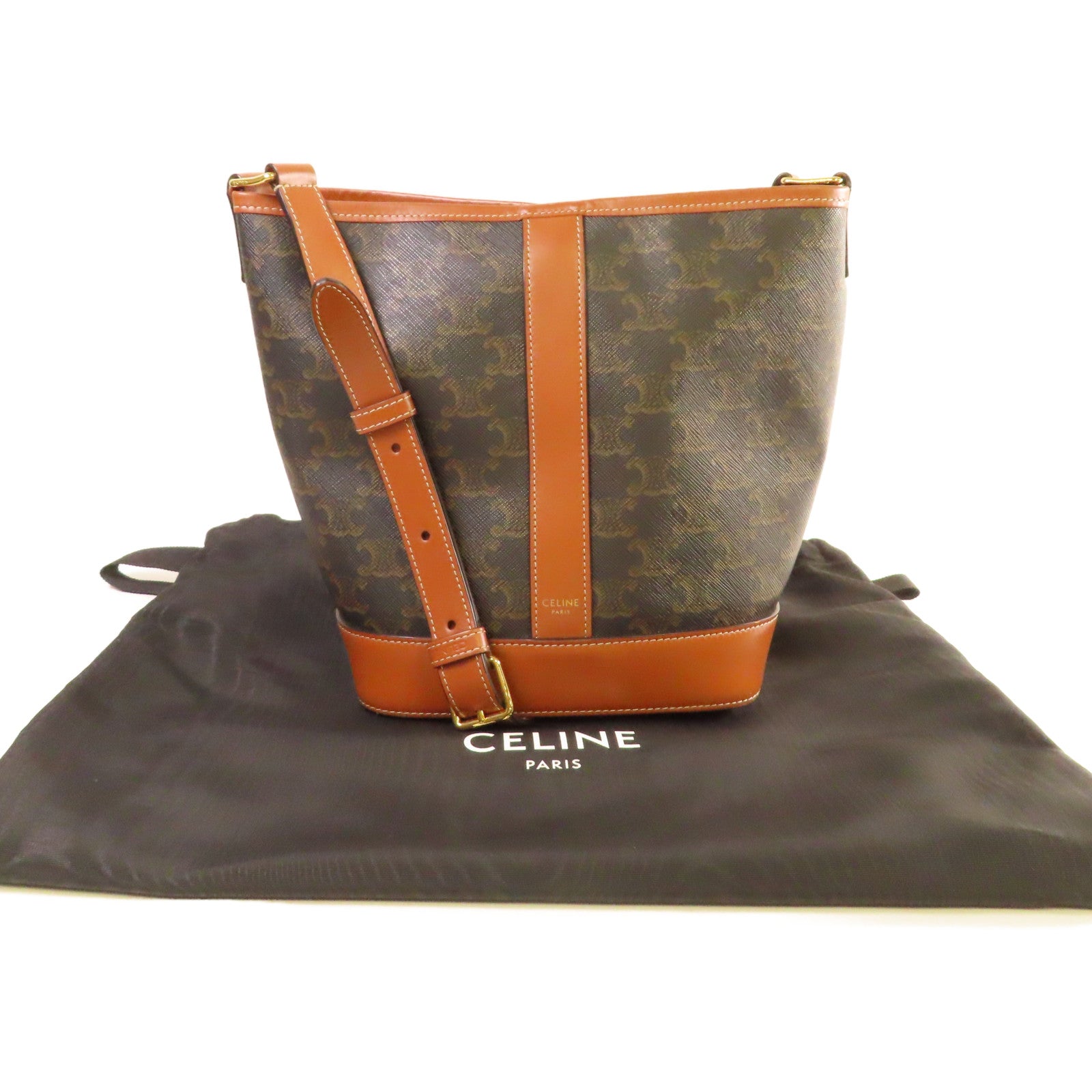 CELINE Triomphe帆布Small Bucket Shoulder Bag金扣肩背袋啡色