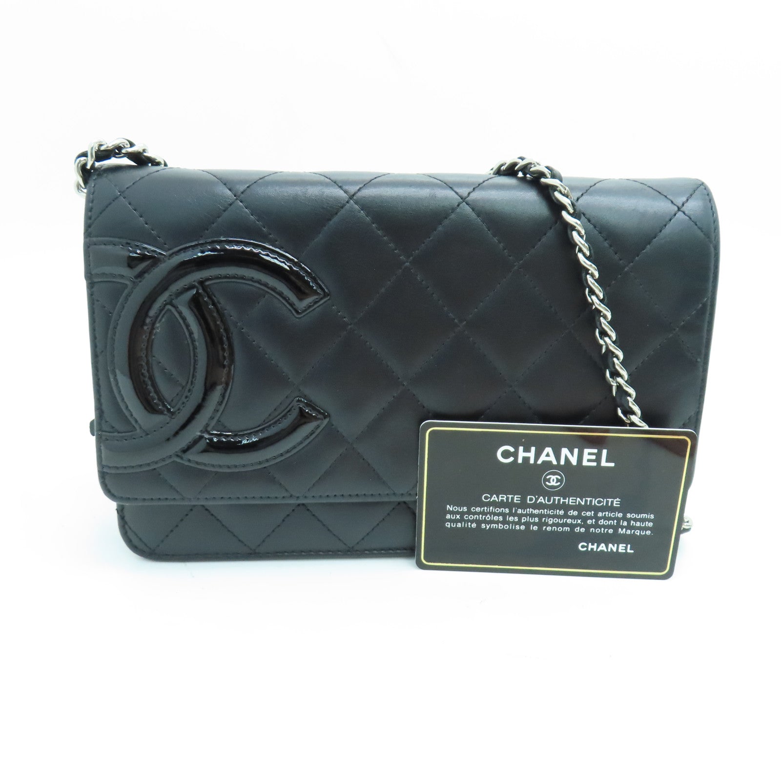CHANEL rhombic cowhide leather Cambon Wallet On Chain chain shoulder bag silver buckle black