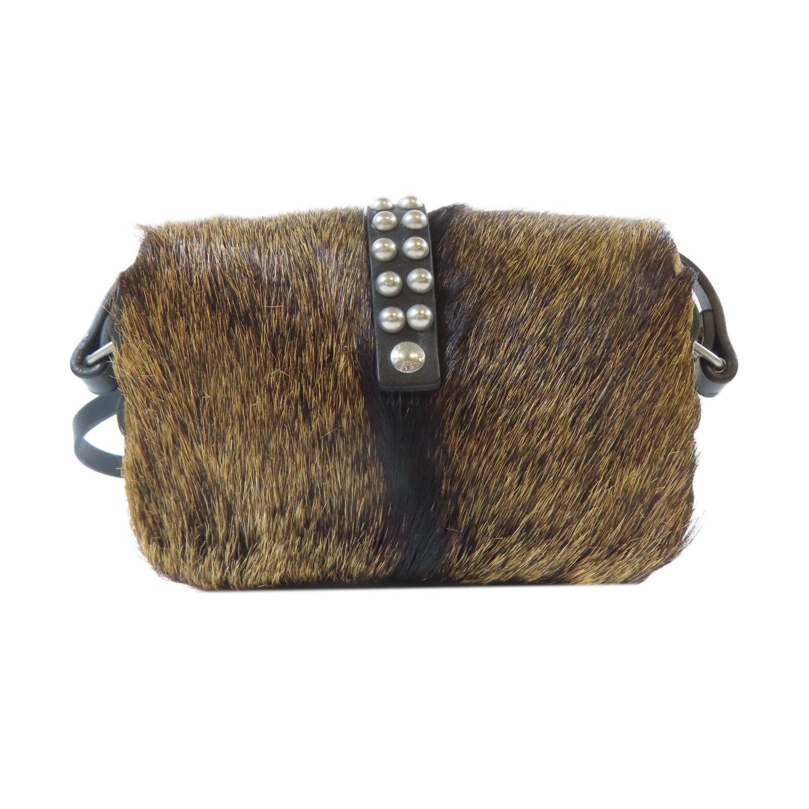 SAINT LAURENT 皮革/馬毛Shoulder Bag銀扣肩背袋黑色/啡色