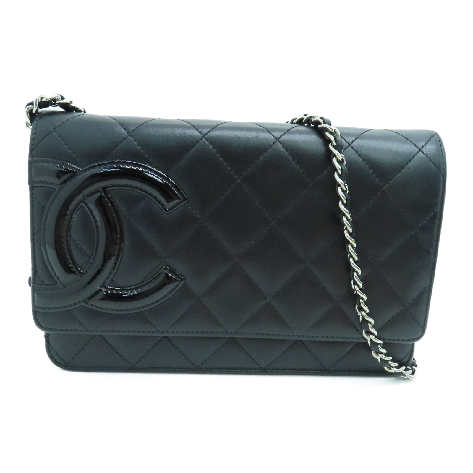 CHANEL rhombic cowhide leather Cambon Wallet On Chain chain shoulder bag silver buckle black