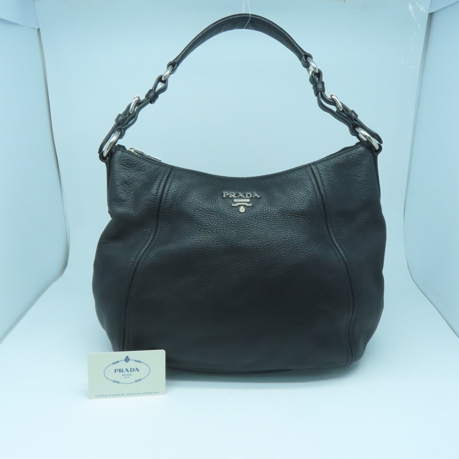 PRADA 牛皮皮革Shoulder Bag銀扣肩背袋黑色