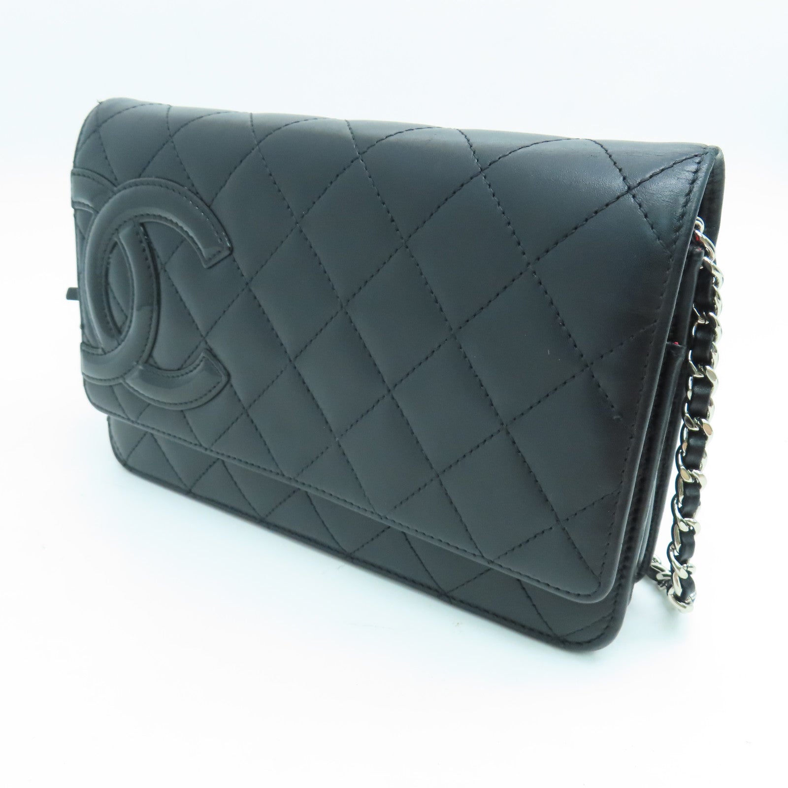 CHANEL rhombic cowhide leather Cambon Wallet On Chain chain shoulder bag silver buckle black