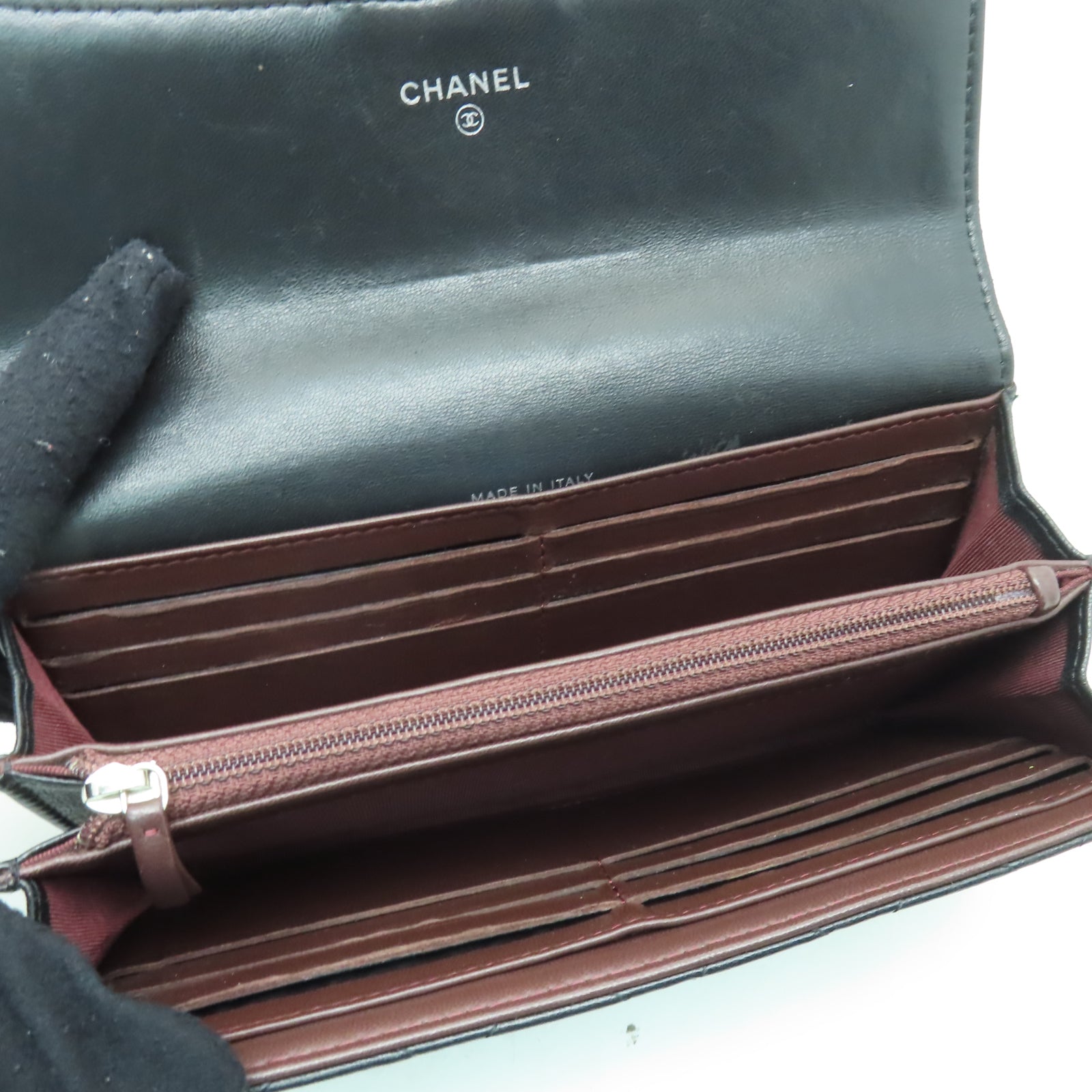 CHANEL 菱格羊皮皮革Long Wallet銀扣長錢包黑色