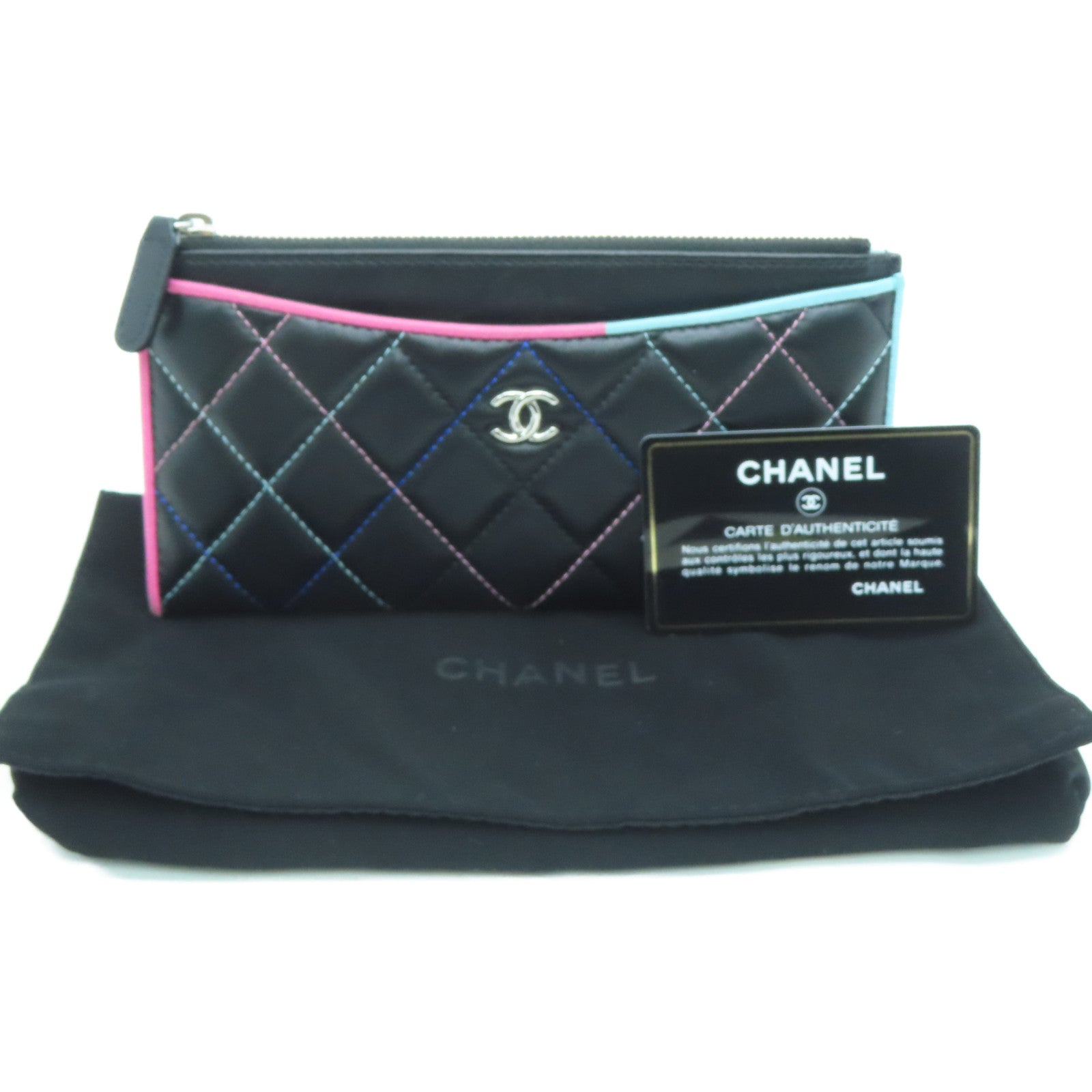 CHANEL 菱格牛皮皮革Wallet銀扣長錢包黑色