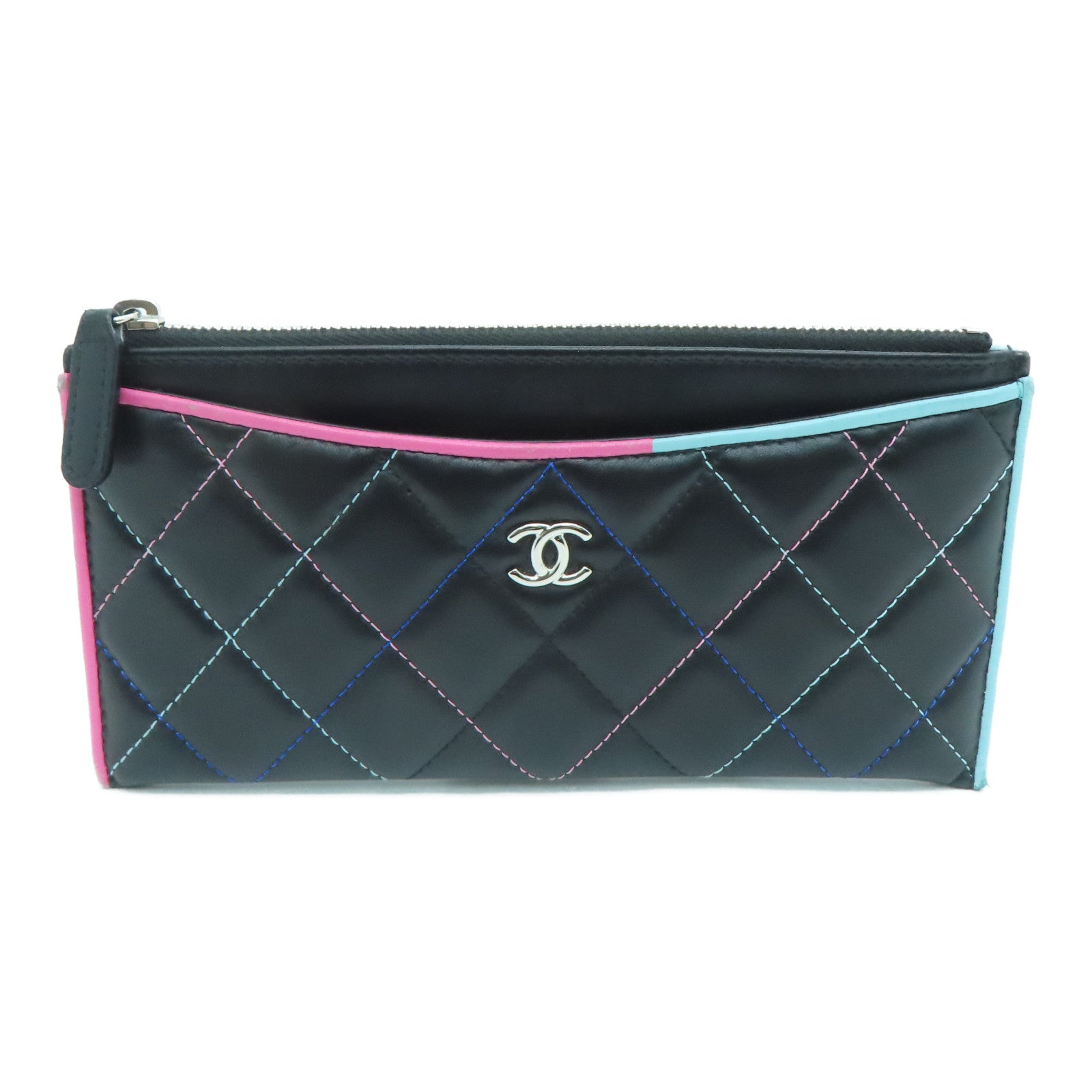 CHANEL 菱格牛皮皮革Wallet銀扣長錢包黑色