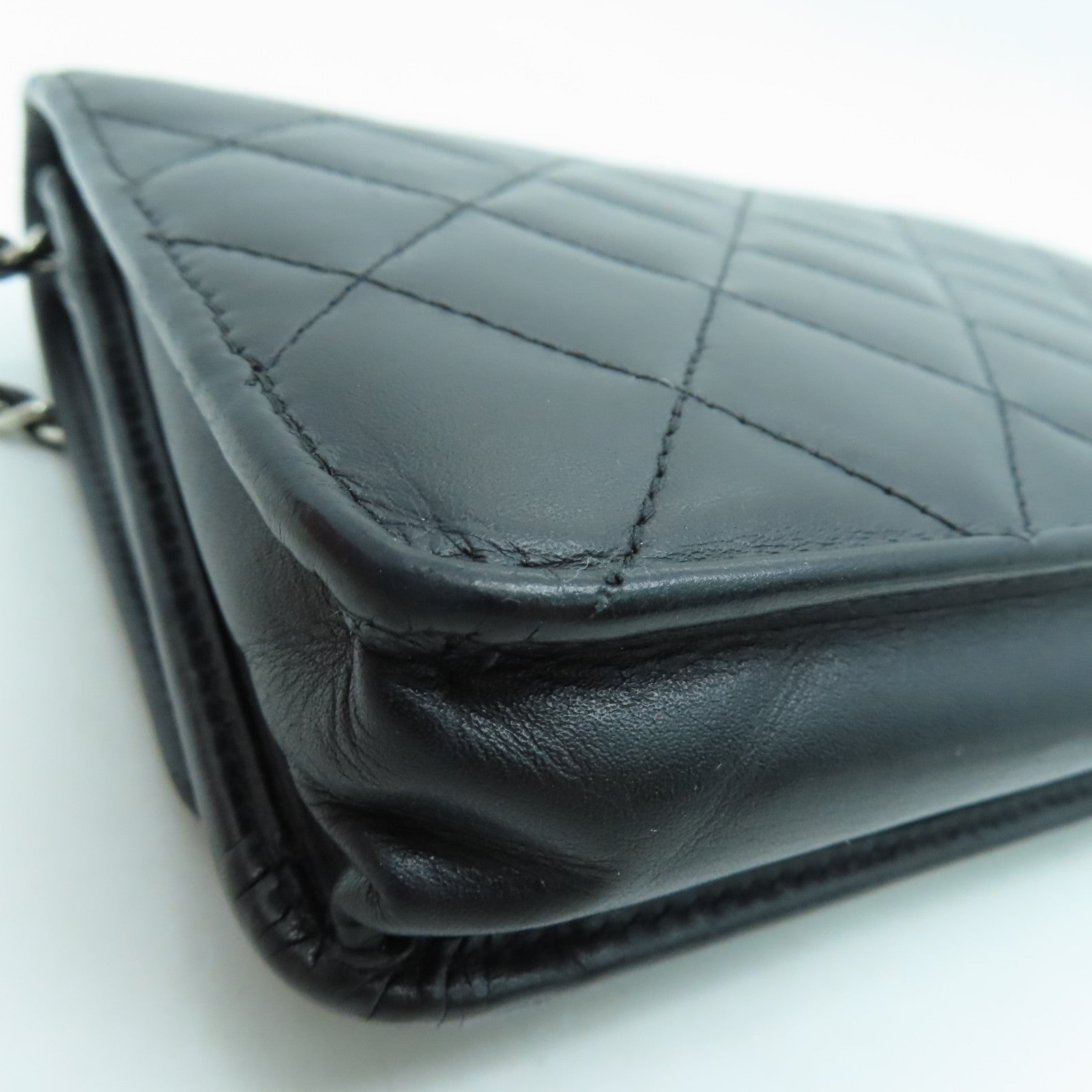 CHANEL rhombic cowhide leather Cambon Wallet On Chain chain shoulder bag silver buckle black