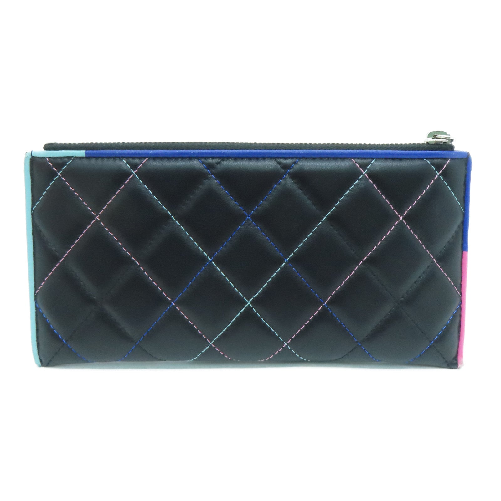 CHANEL 菱格牛皮皮革Wallet銀扣長錢包黑色