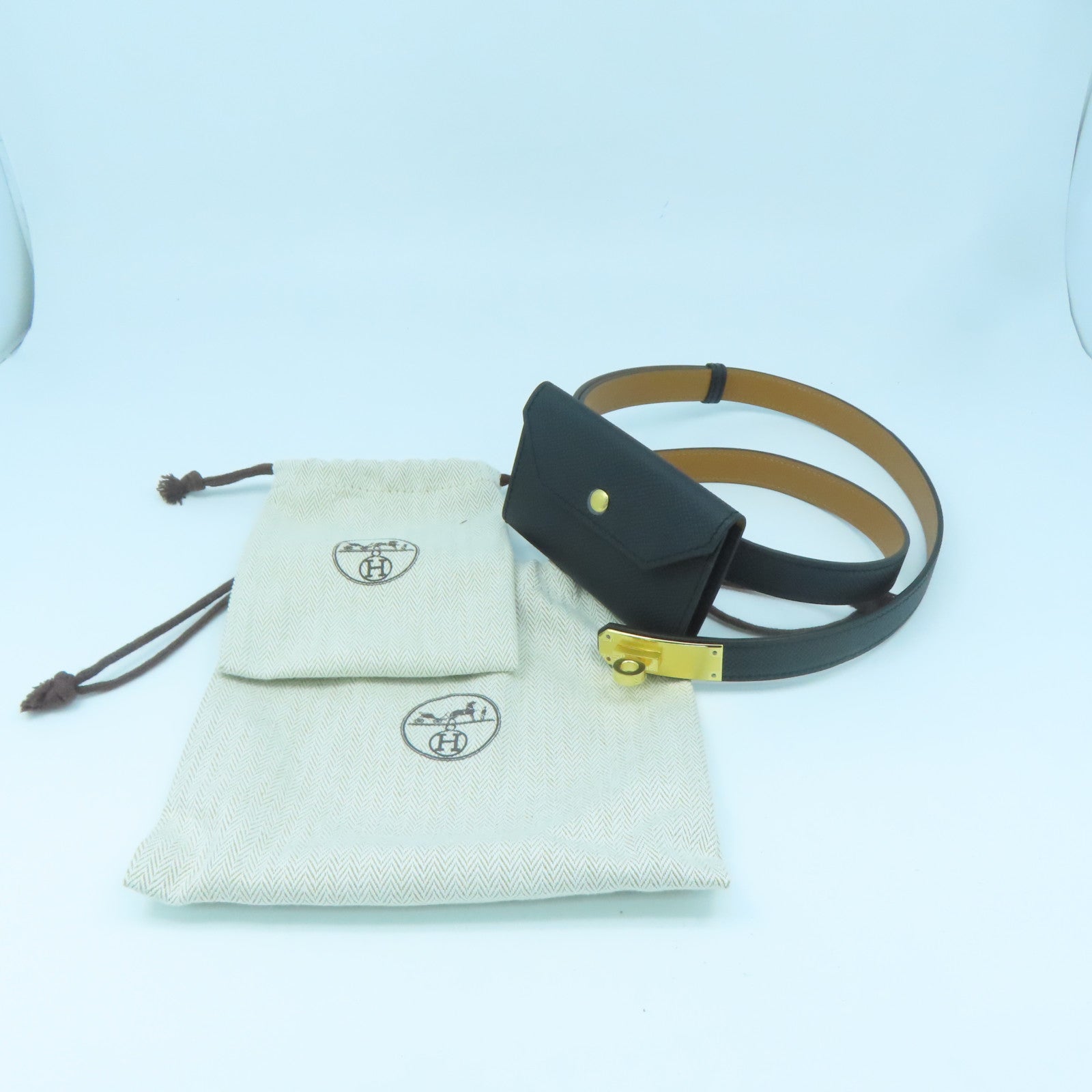 HERMES Epsom Leather Kelly Pocket 18 Belt Gold Buckle Belt Black