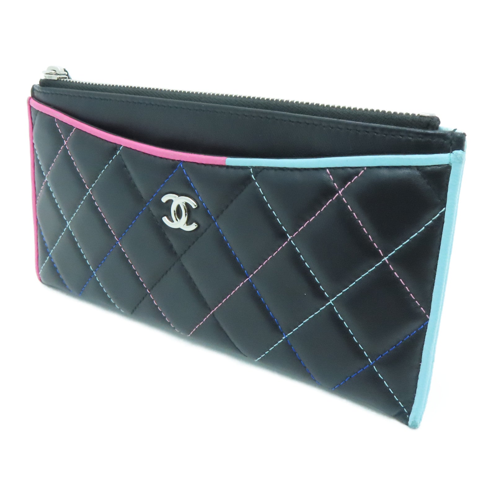 CHANEL 菱格牛皮皮革Wallet銀扣長錢包黑色