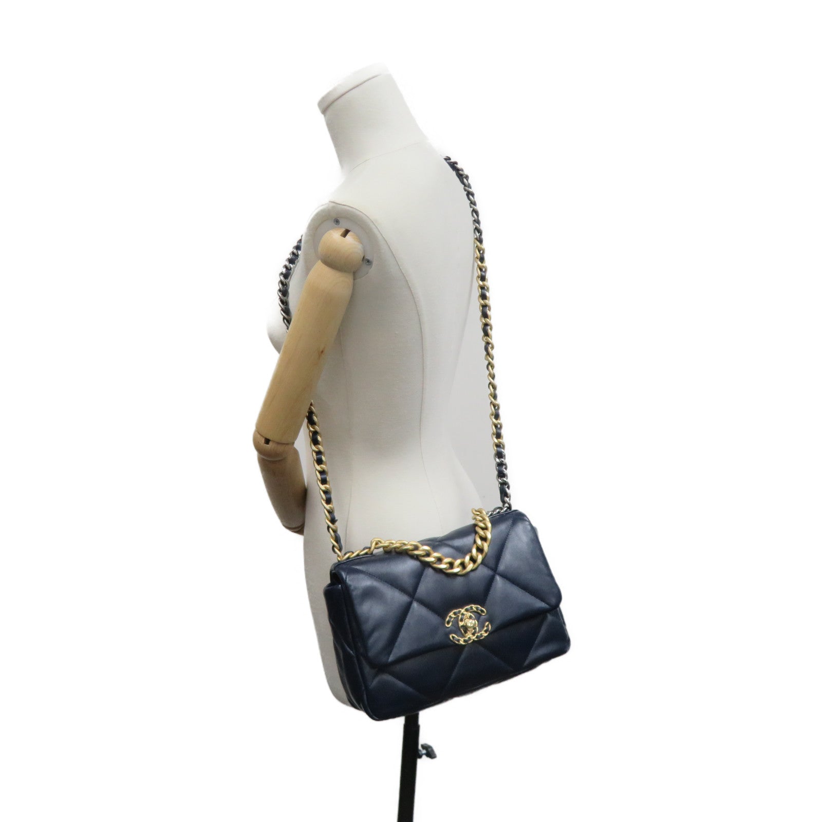 CHANEL 菱格羊皮皮革19 Small 2Way Shoulder Bag金扣鏈帶肩背袋寶藍色