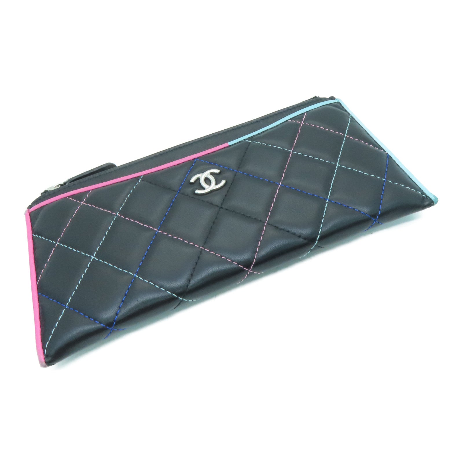 CHANEL 菱格牛皮皮革Wallet銀扣長錢包黑色