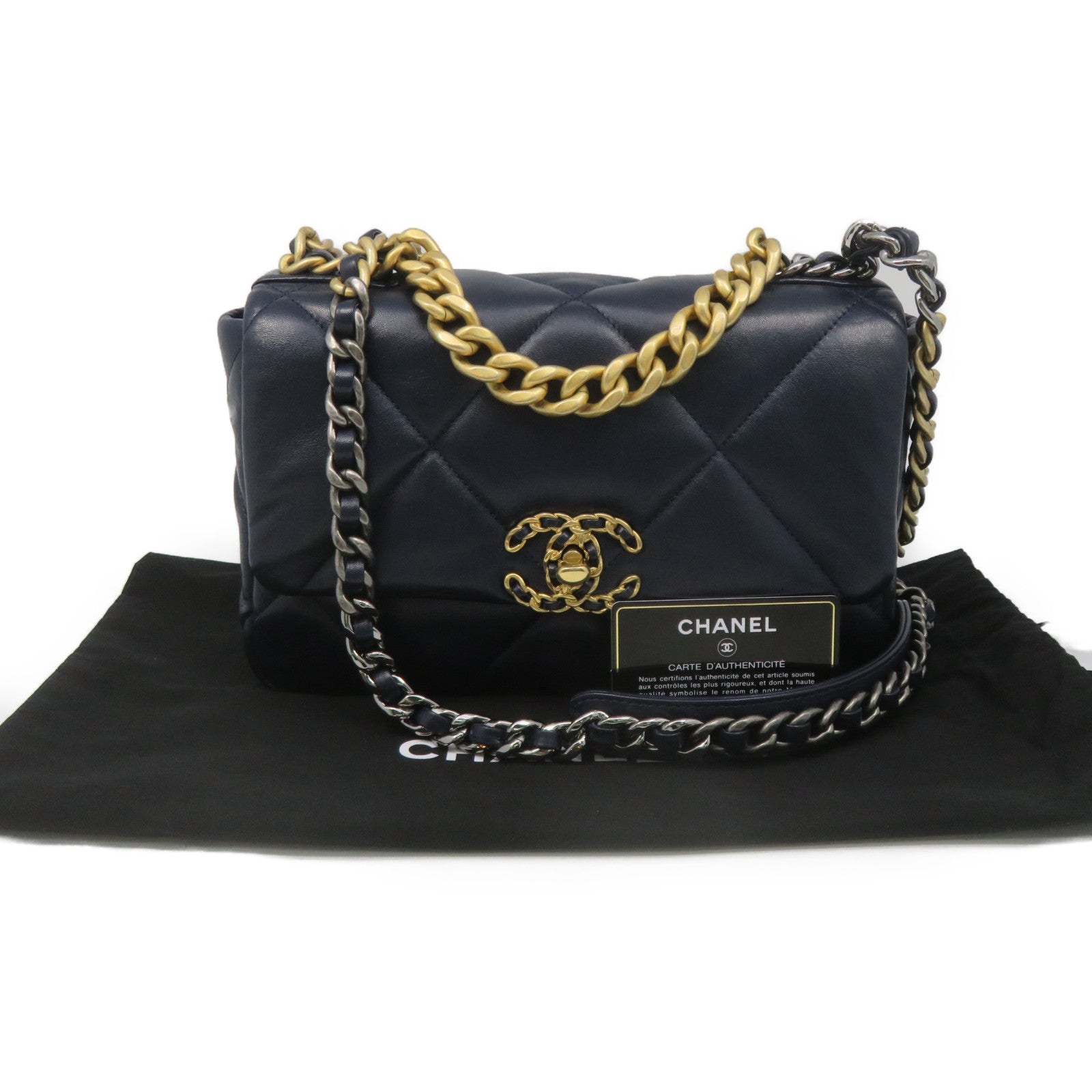 CHANEL 菱格羊皮皮革19 Small 2Way Shoulder Bag金扣鏈帶肩背袋寶藍色