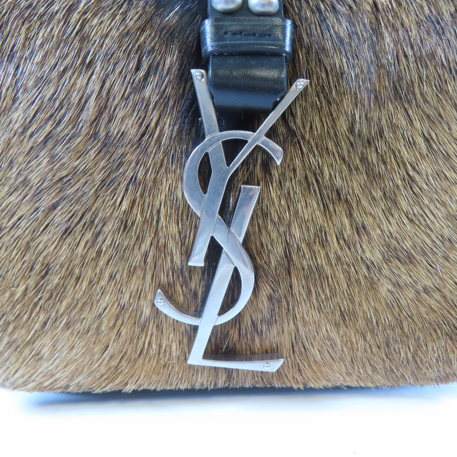 SAINT LAURENT 皮革/馬毛Shoulder Bag銀扣肩背袋黑色/啡色