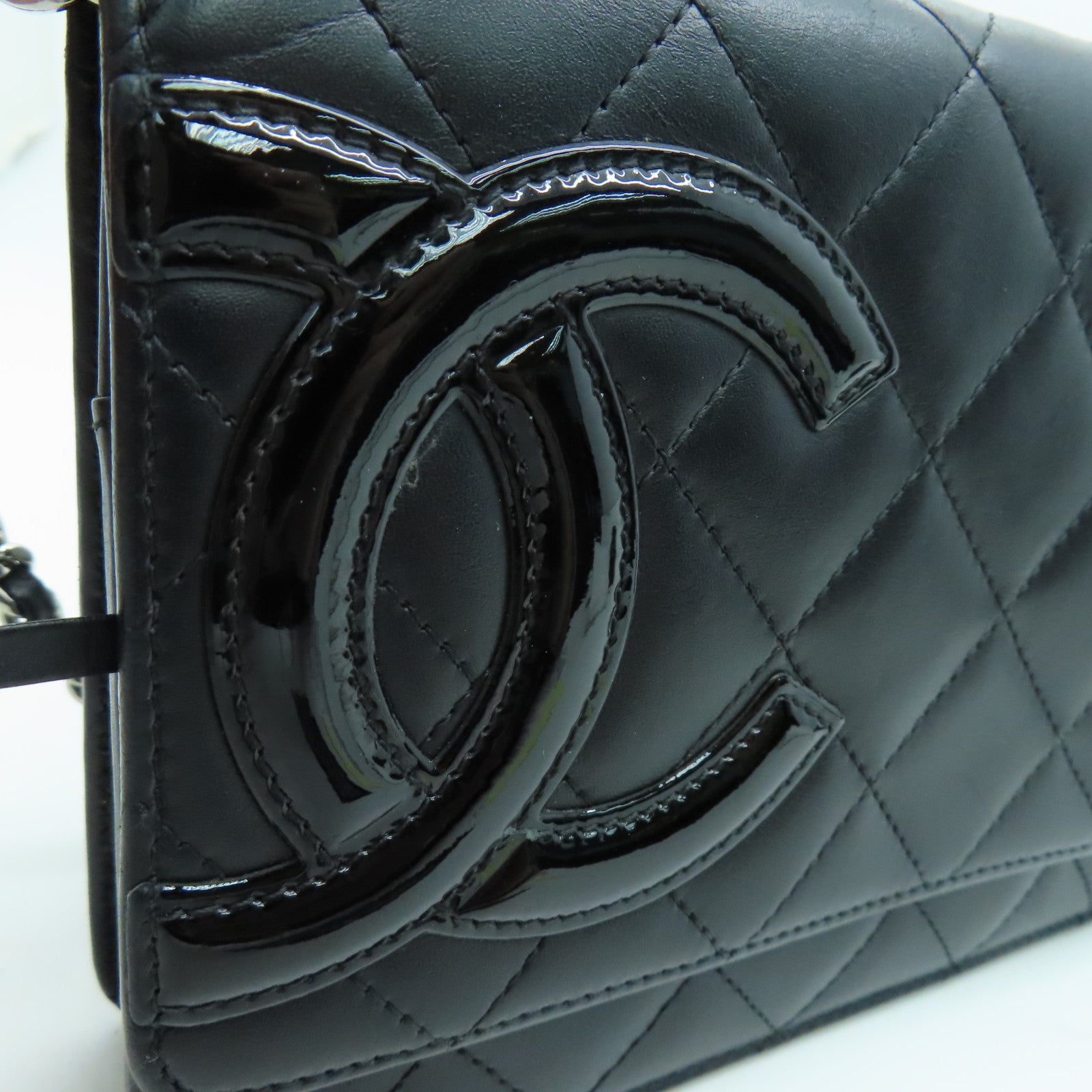 CHANEL rhombic cowhide leather Cambon Wallet On Chain chain shoulder bag silver buckle black