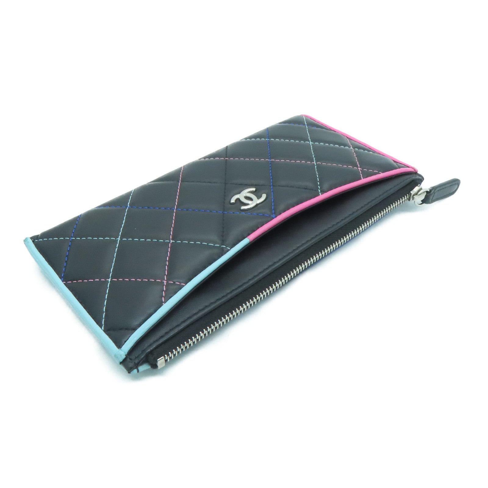 CHANEL 菱格牛皮皮革Wallet銀扣長錢包黑色