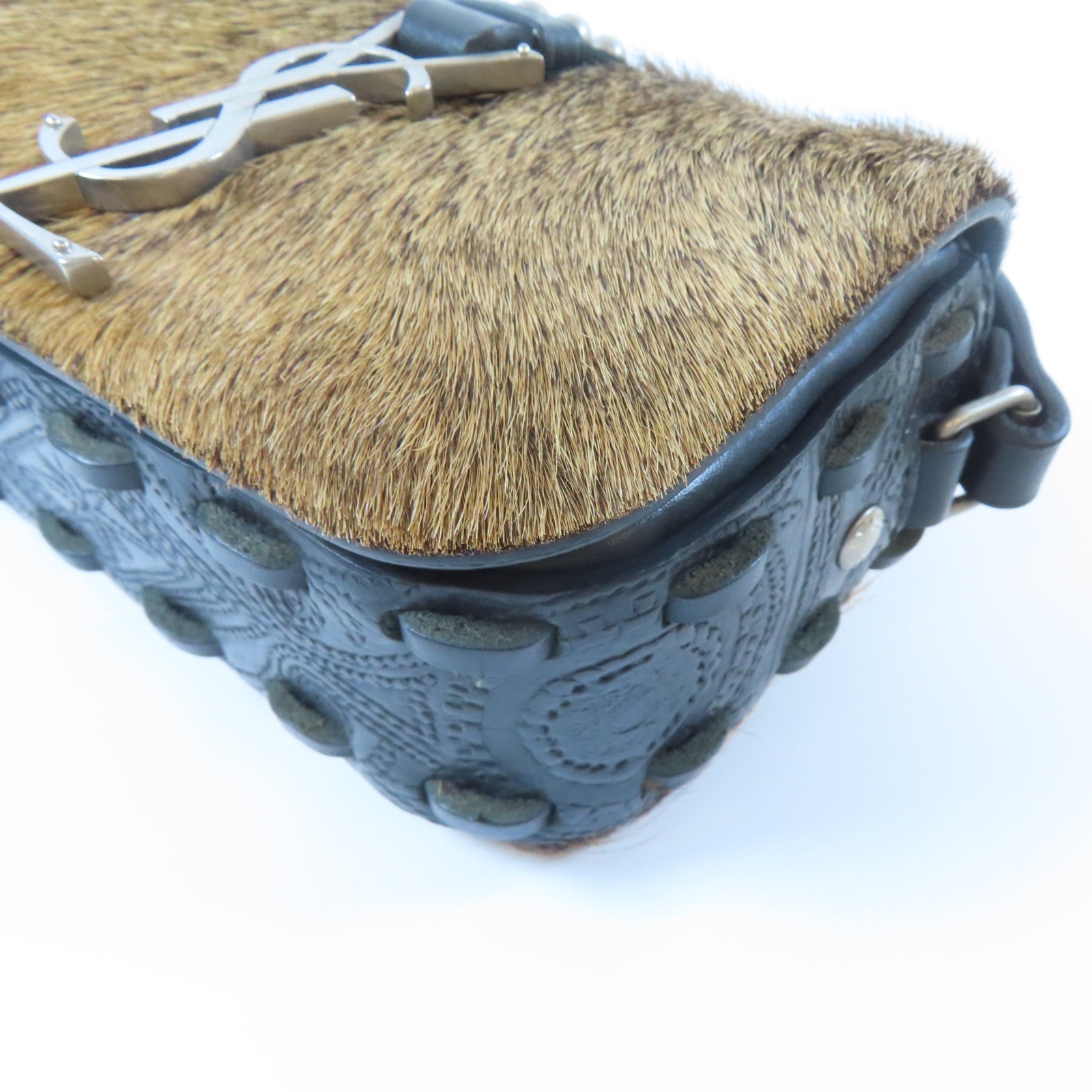 SAINT LAURENT 皮革/馬毛Shoulder Bag銀扣肩背袋黑色/啡色