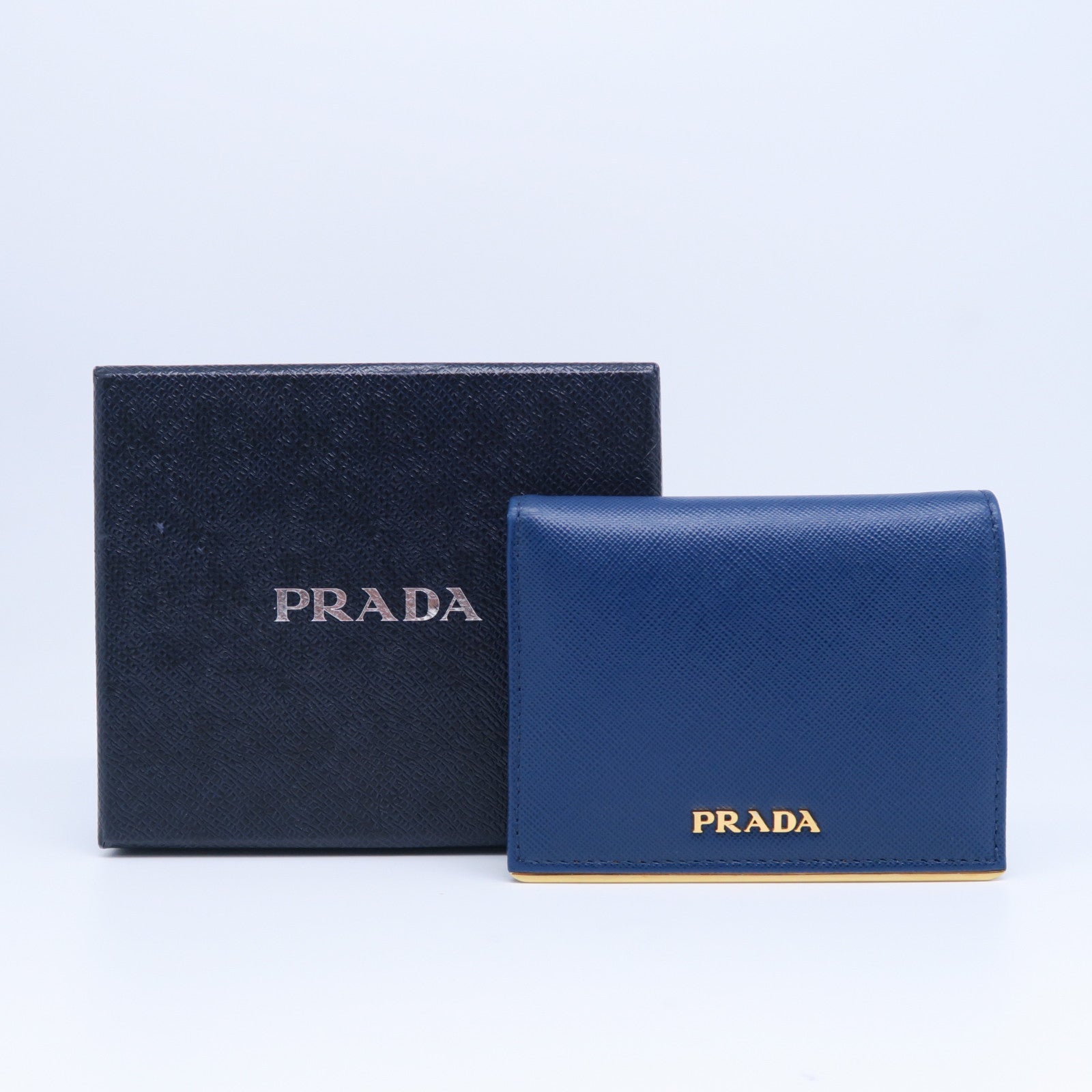 PRADA 【激減優惠】Saffiano皮革Bifold Wallet金扣錢包藍色