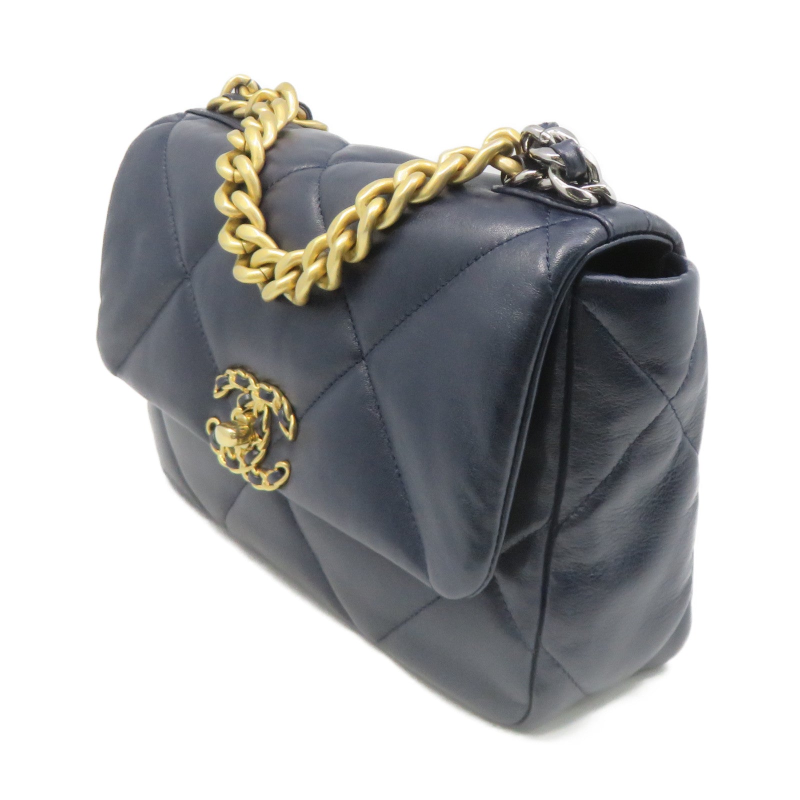 CHANEL 菱格羊皮皮革19 Small 2Way Shoulder Bag金扣鏈帶肩背袋寶藍色