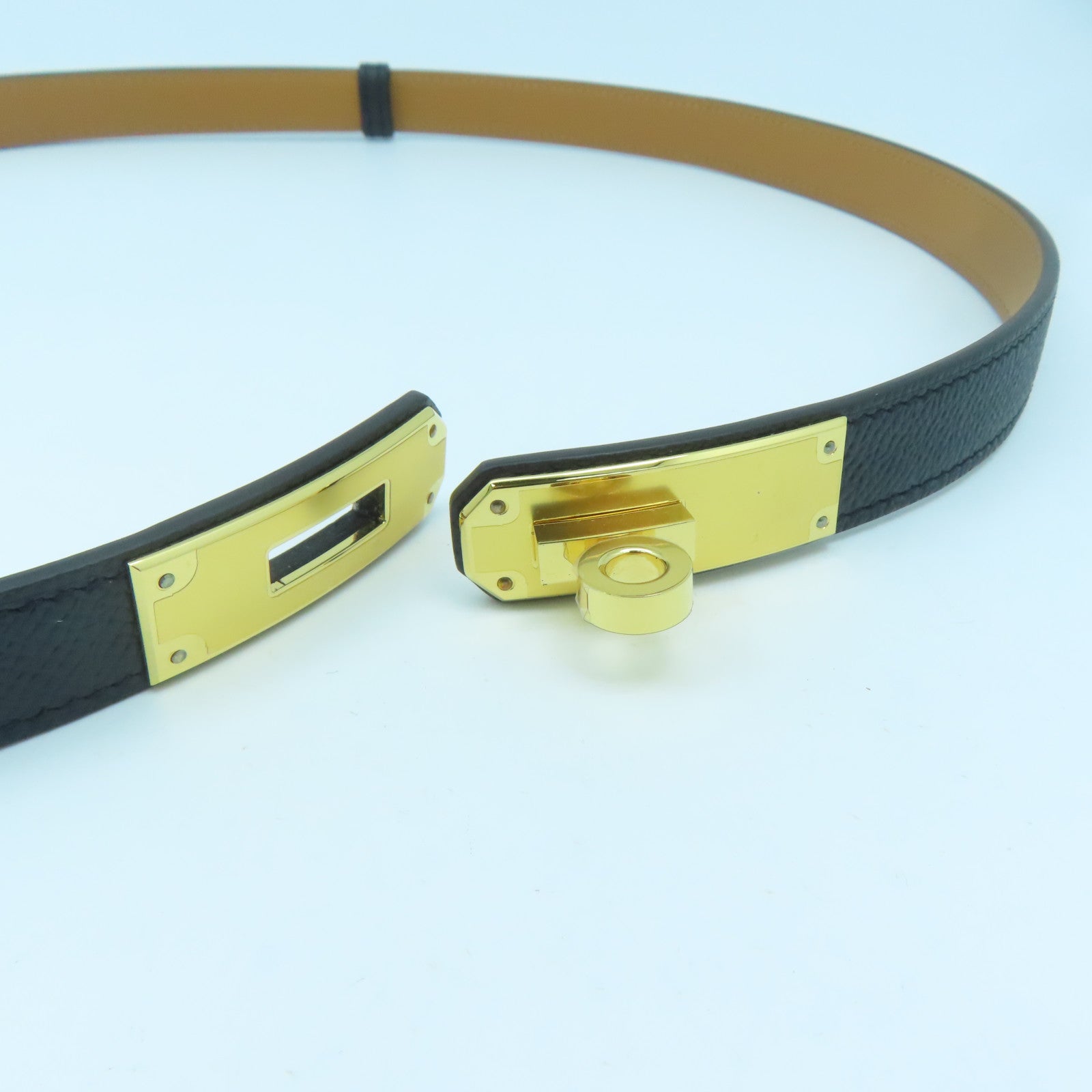 HERMES Epsom Leather Kelly Pocket 18 Belt Gold Buckle Belt Black