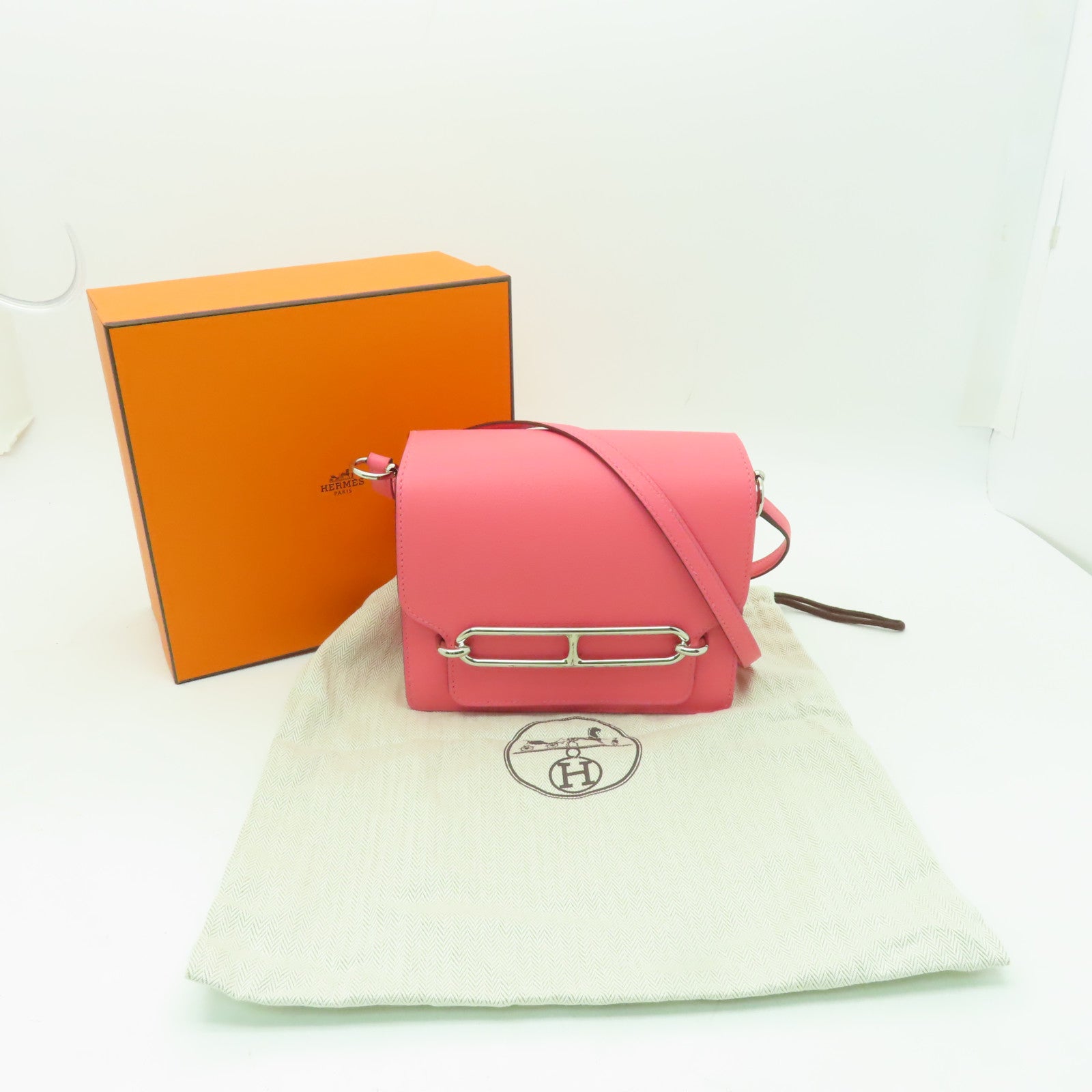 HERMES Evercolor皮革Mini Roulis銀扣肩背袋Rose Azalee/ Rouge H粉紅色