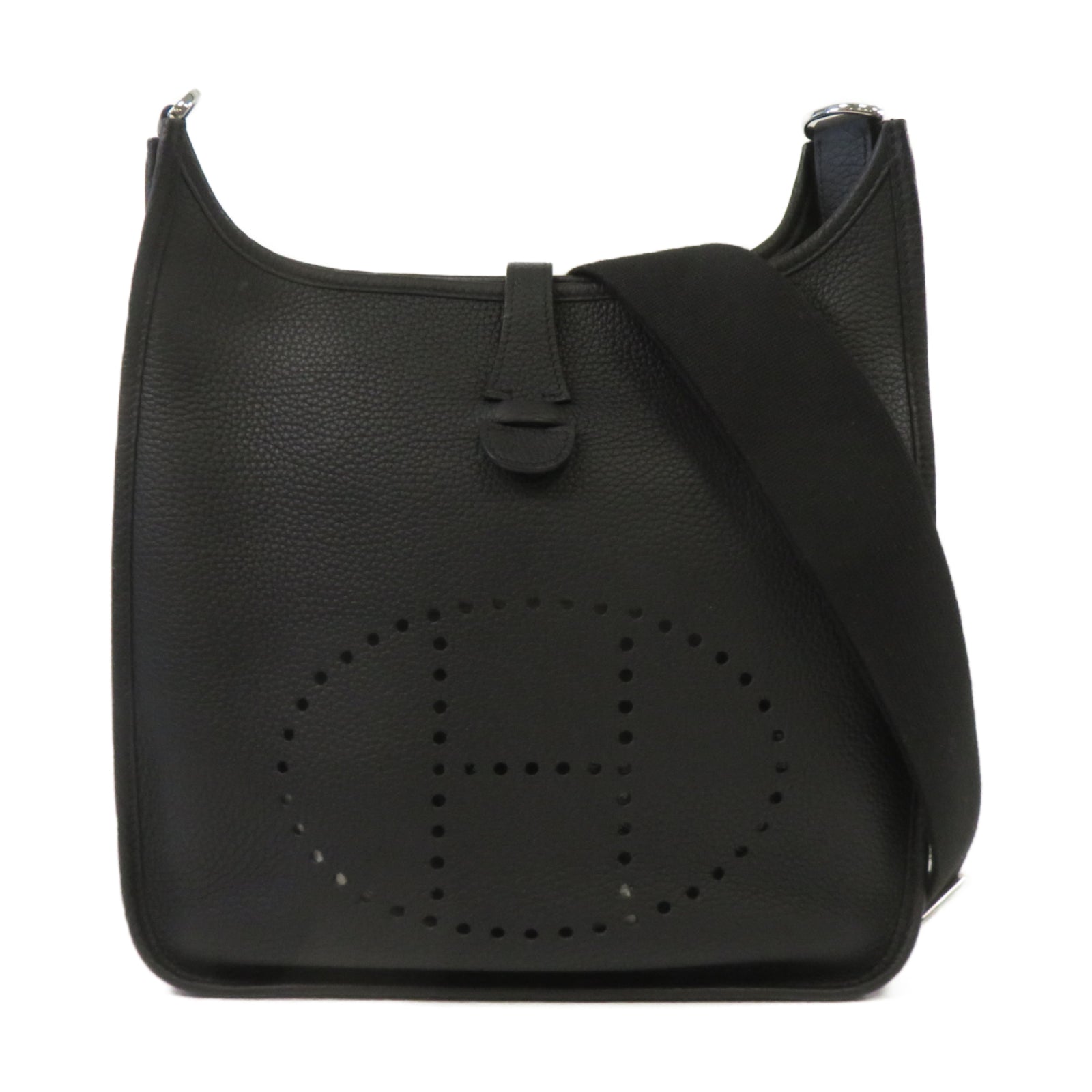 HERMES Clemence皮革Evelyne PM銀扣肩背袋Noir黑色