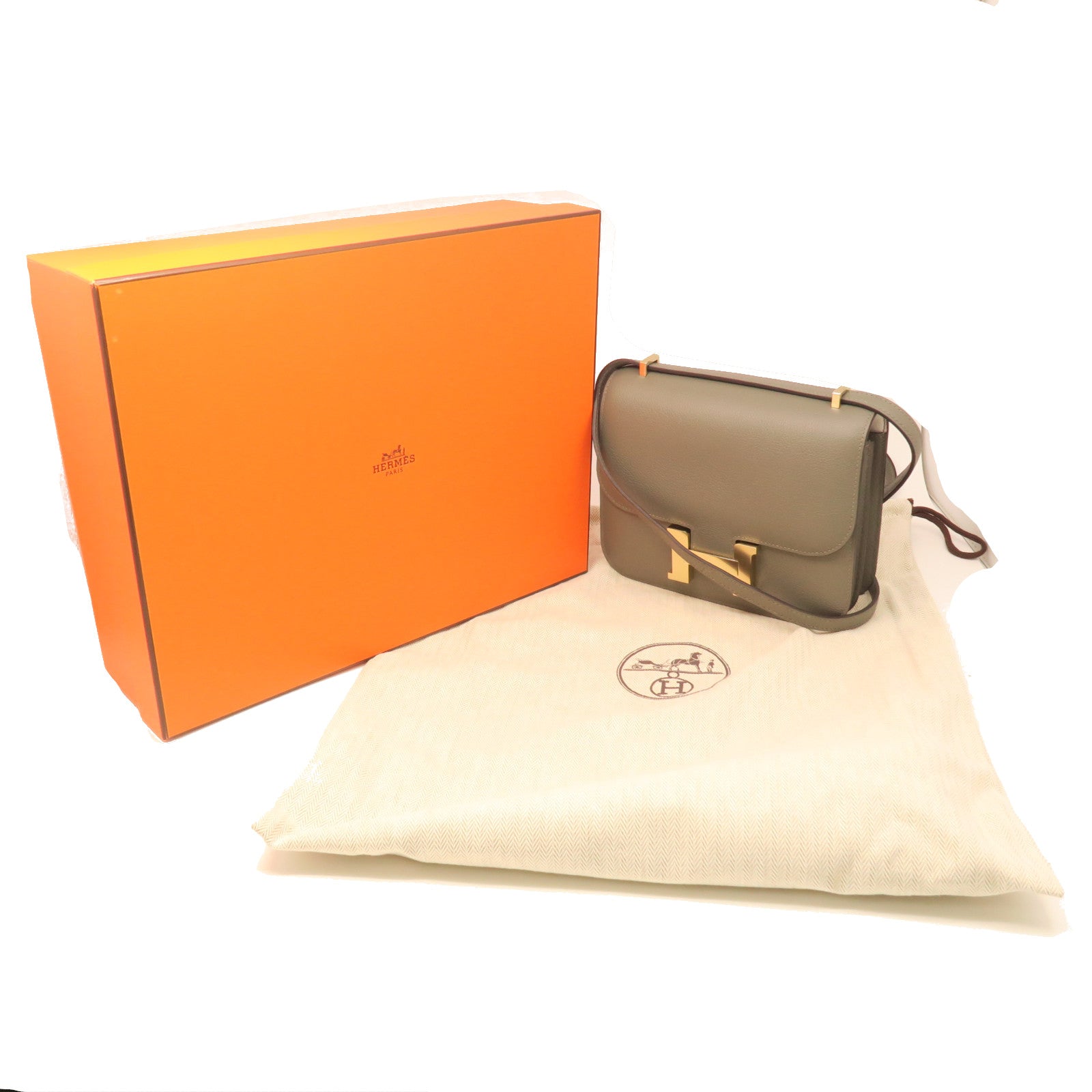 HERMES Veau Epsom Leather Constance Mini Gold Buckle Shoulder Bag Gray
