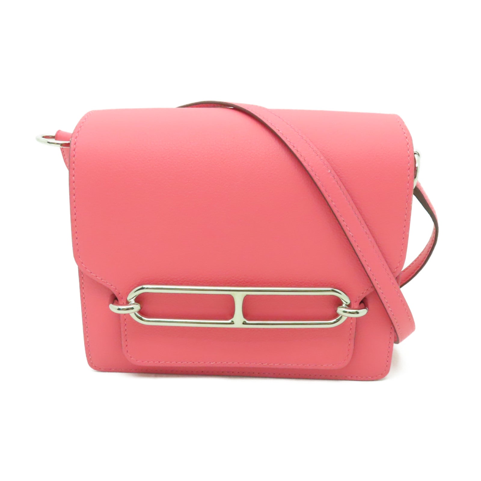HERMES Evercolor皮革Mini Roulis銀扣肩背袋Rose Azalee/ Rouge H粉紅色