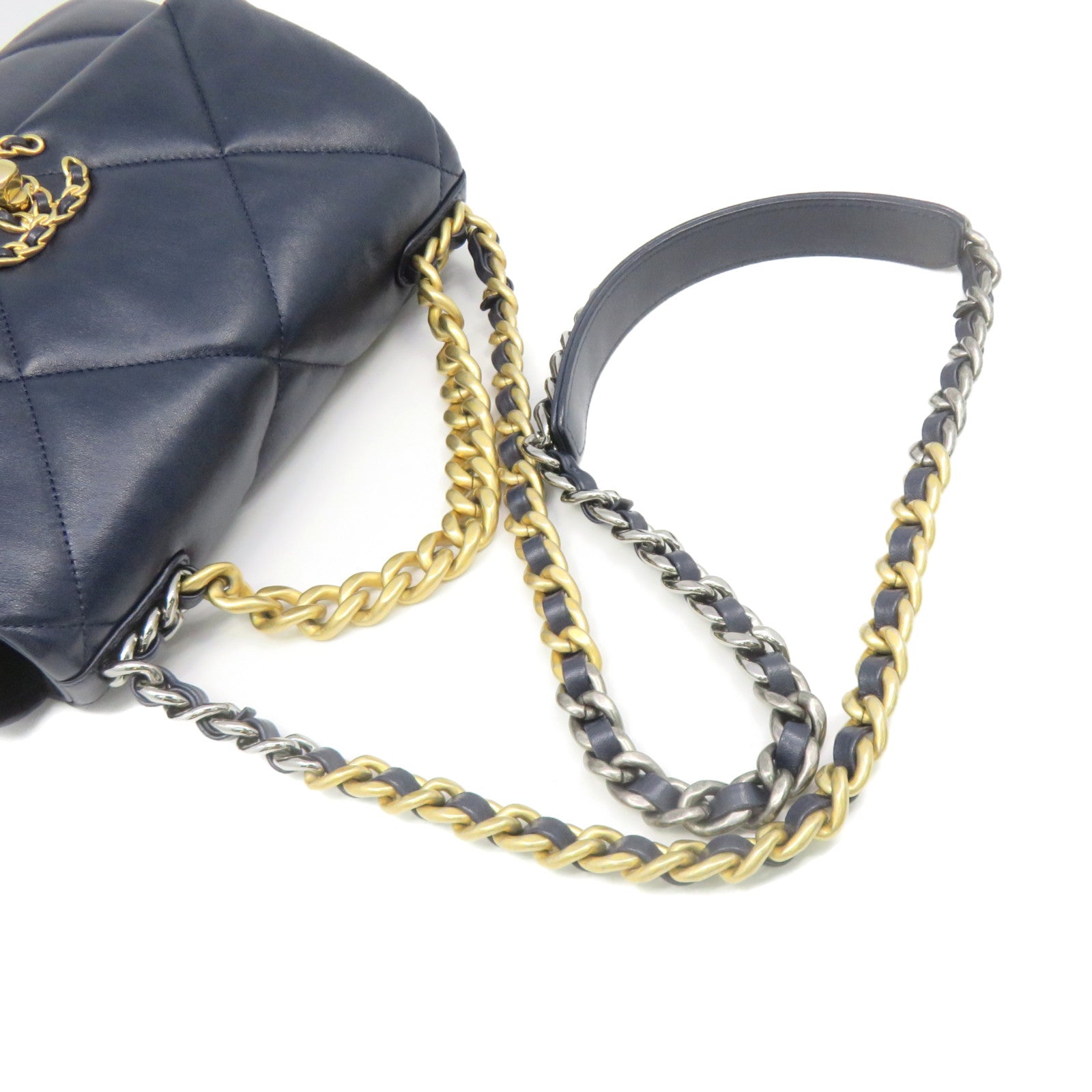 CHANEL 菱格羊皮皮革19 Small 2Way Shoulder Bag金扣鏈帶肩背袋寶藍色