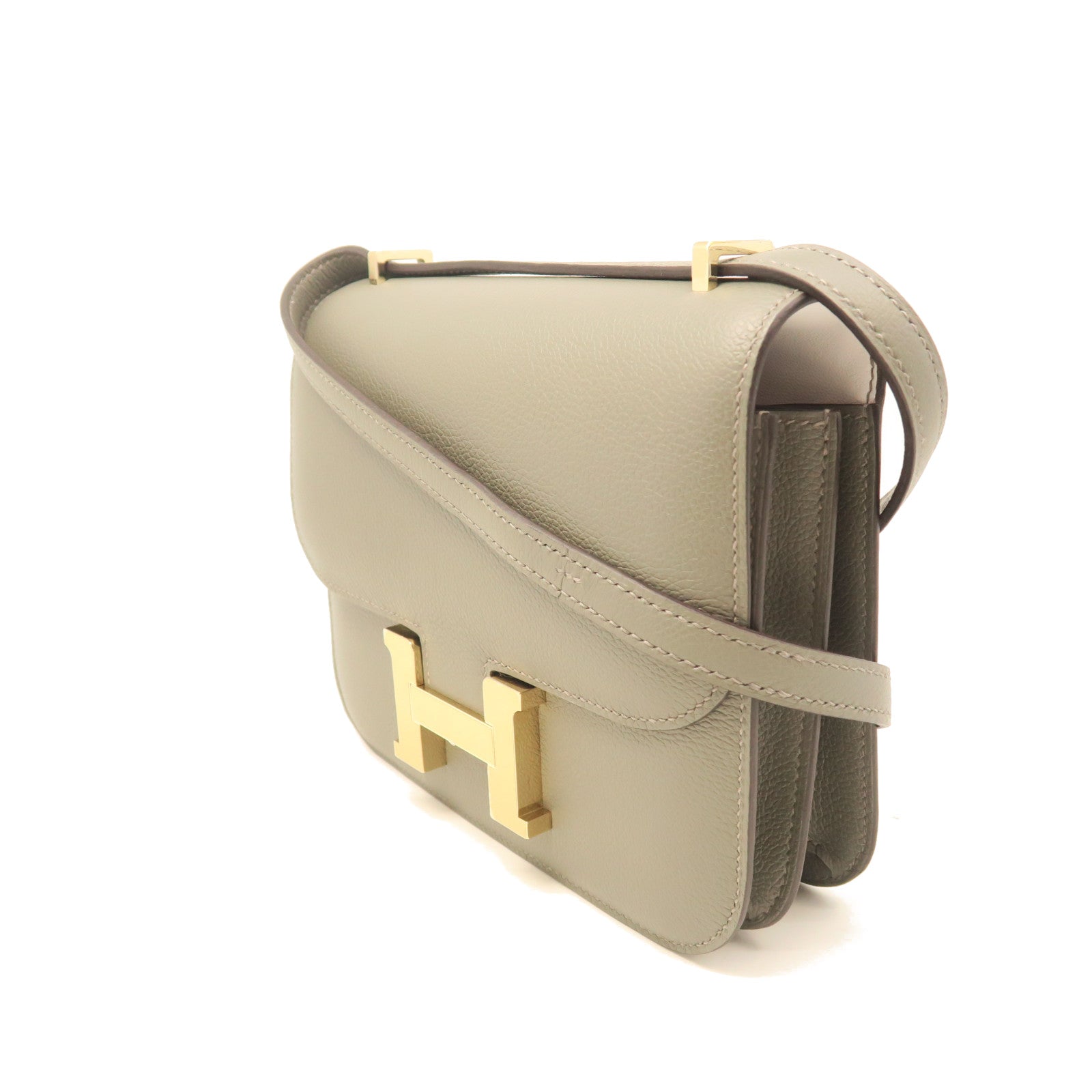 HERMES Veau Epsom Leather Constance Mini Gold Buckle Shoulder Bag Gray