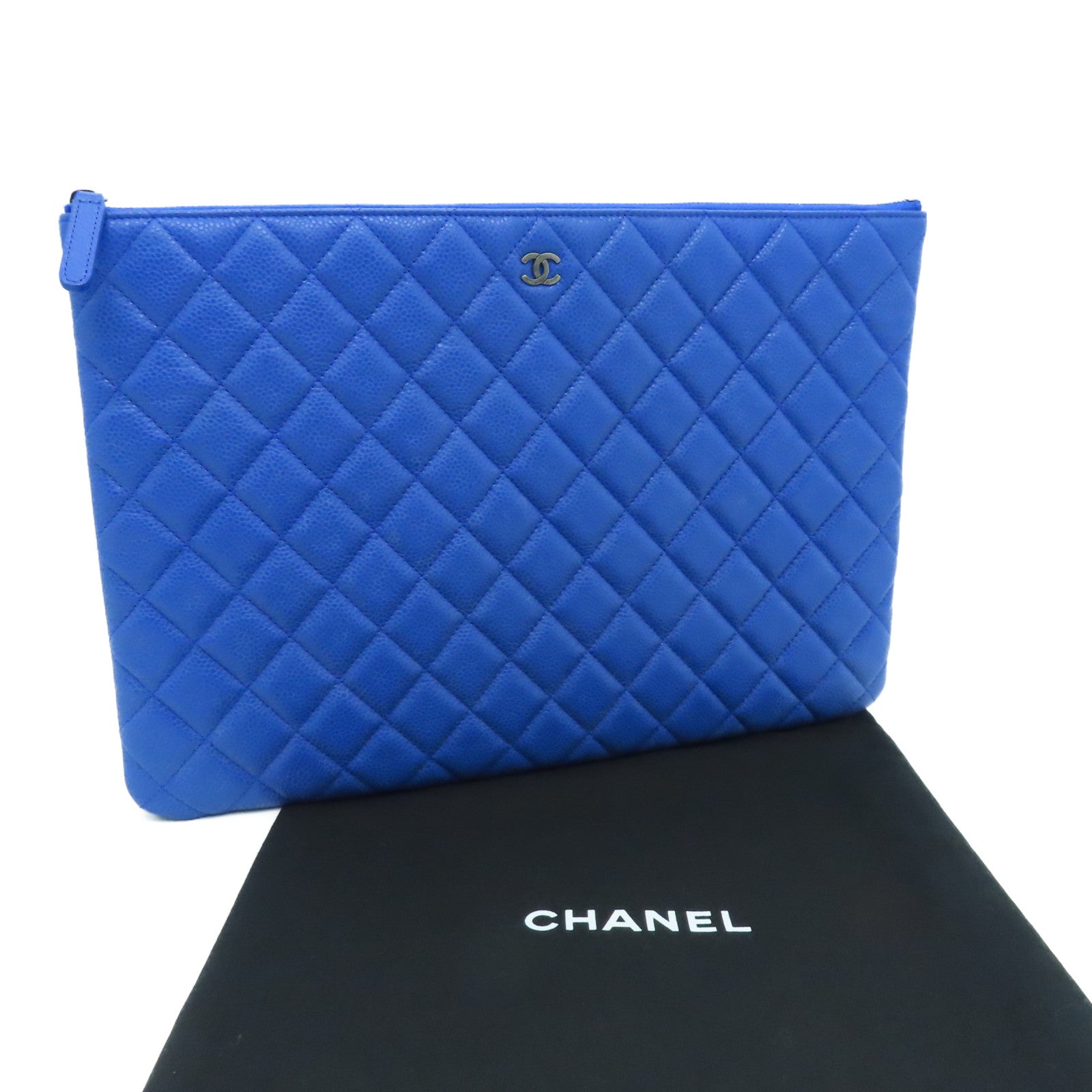 CHANEL 【激減優惠】牛皮皮革Pouch銀扣手拿包藍色