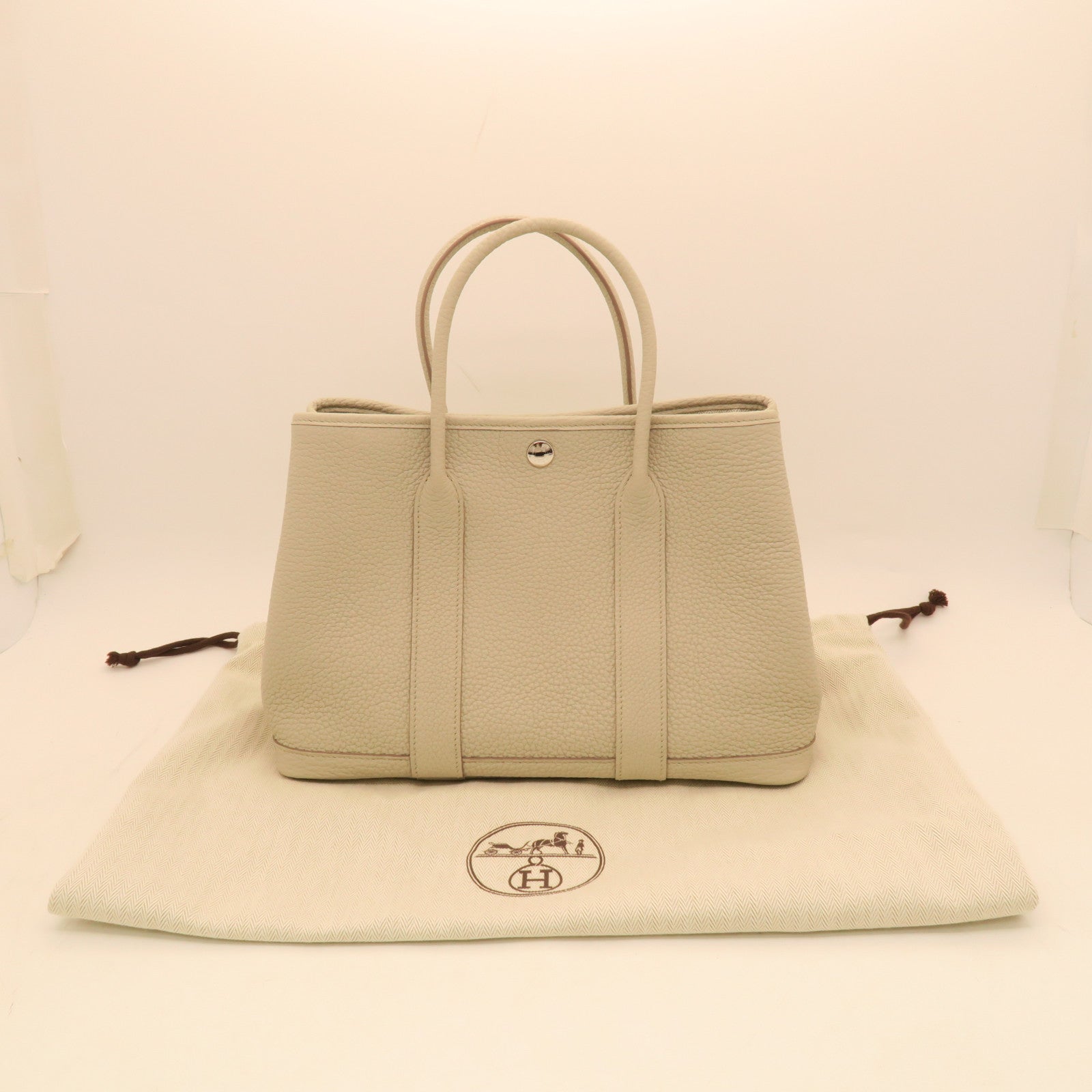 HERMES Leather/Canvas Garden File PM Silver Buckle Handle Bag Beige