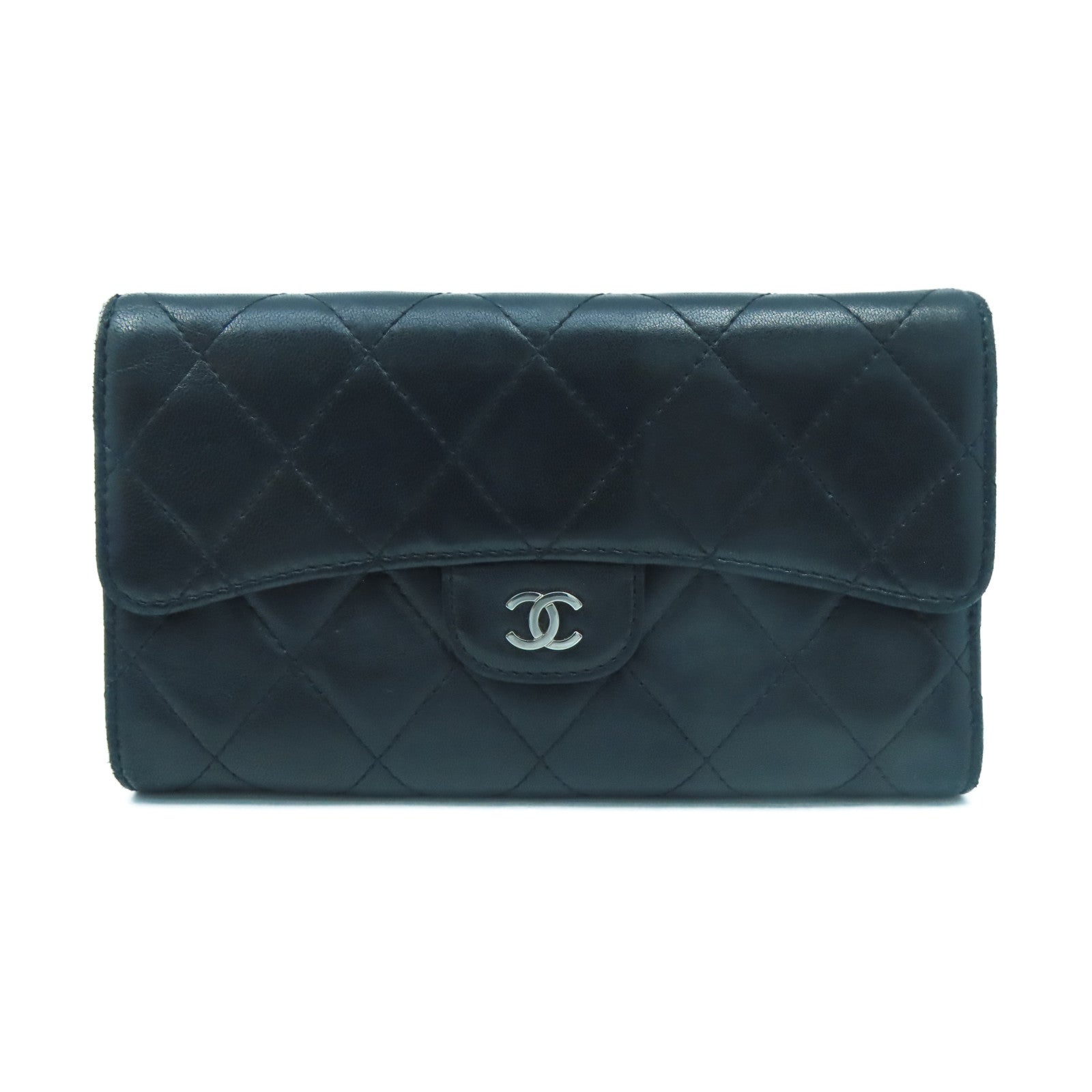 CHANEL rhombus sheepskin leather Long Wallet silver buckle long wallet black