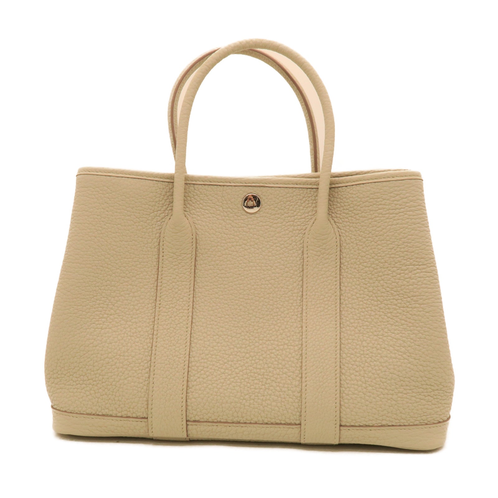 HERMES Leather/Canvas Garden File PM Silver Buckle Handle Bag Beige