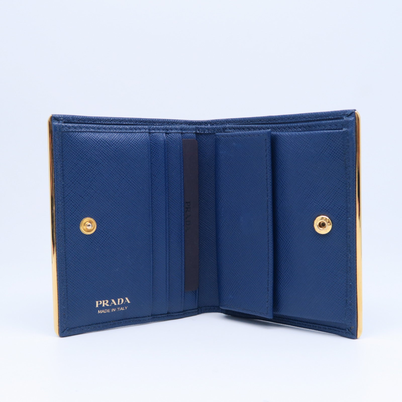 PRADA 【激減優惠】Saffiano皮革Bifold Wallet金扣錢包藍色