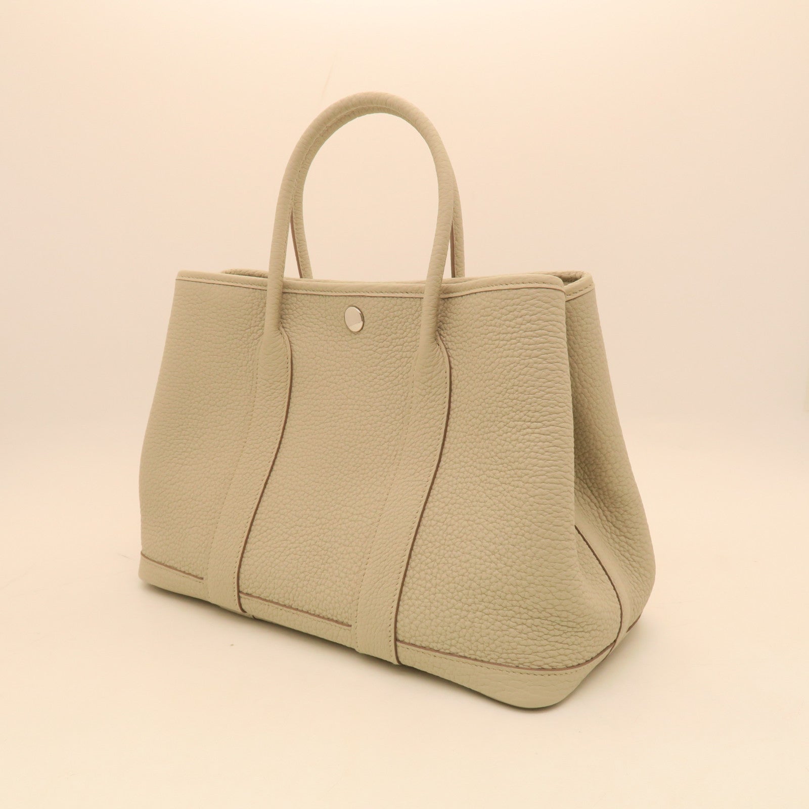 HERMES Leather/Canvas Garden File PM Silver Buckle Handle Bag Beige