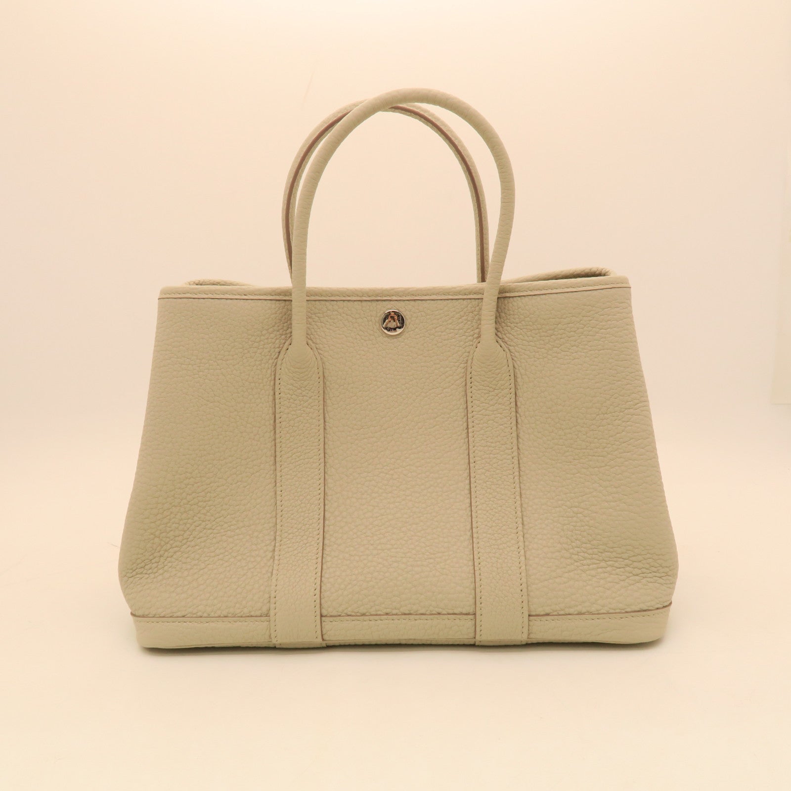 HERMES Leather/Canvas Garden File PM Silver Buckle Handle Bag Beige