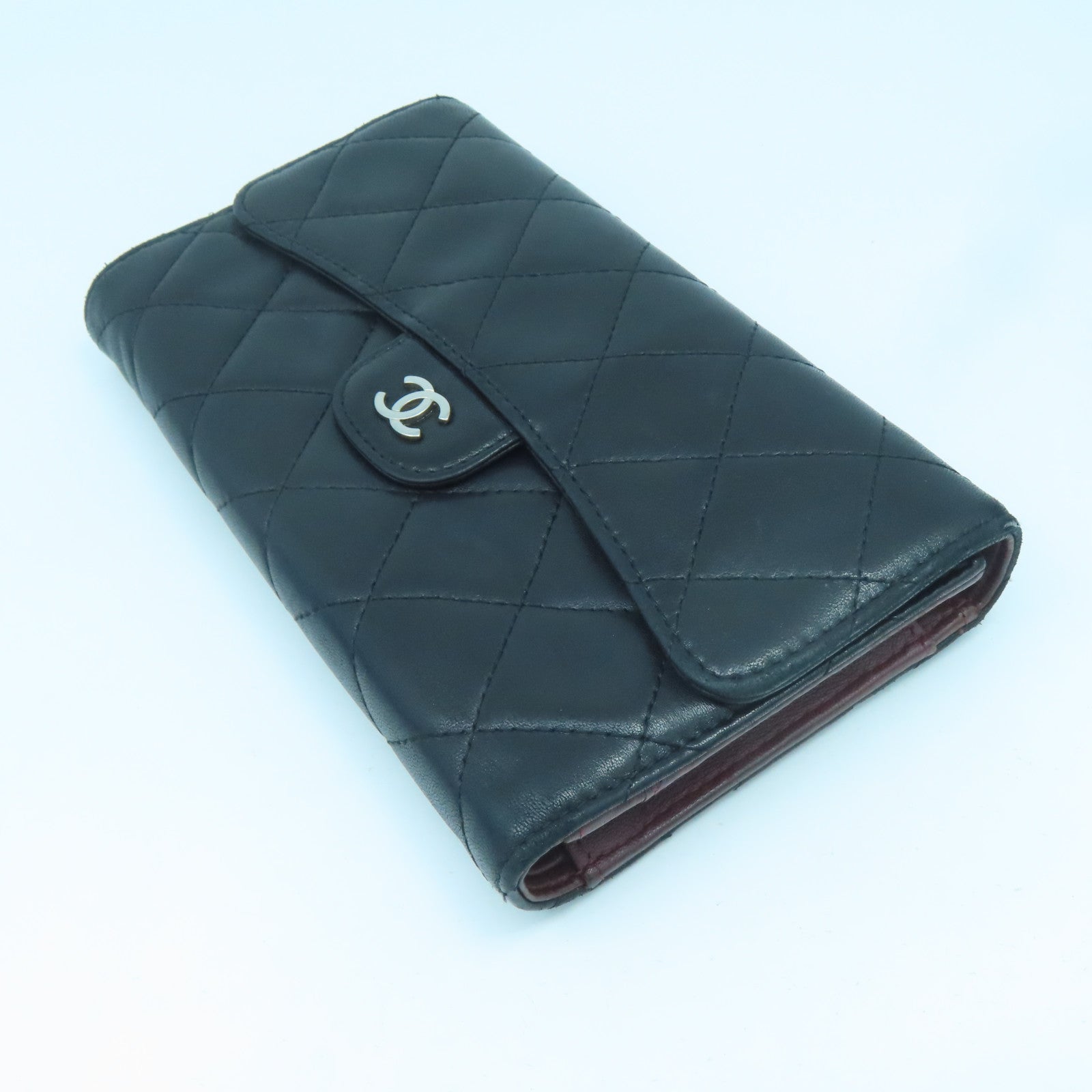 CHANEL rhombus sheepskin leather Long Wallet silver buckle long wallet black