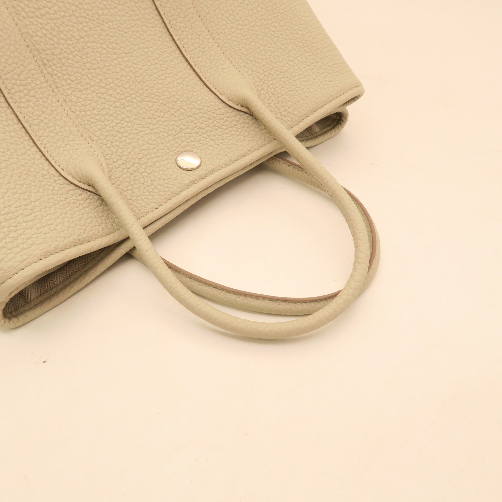 HERMES Leather/Canvas Garden File PM Silver Buckle Handle Bag Beige